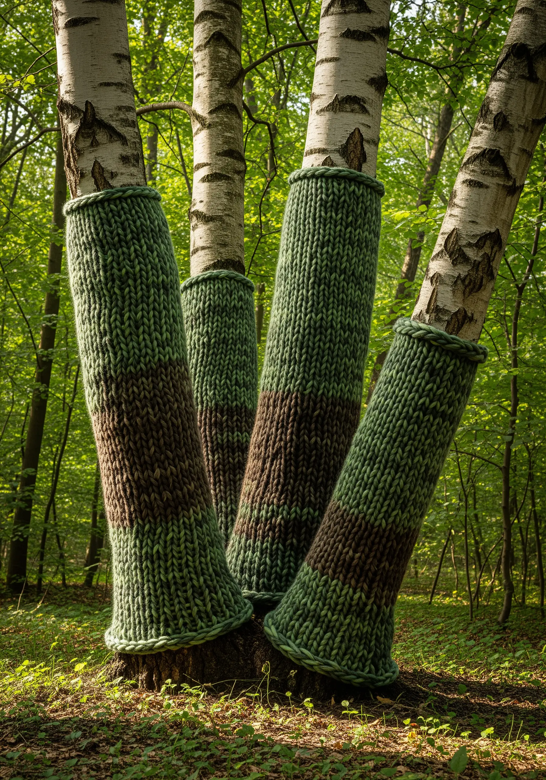 Tree trunks in a forest wrapped in chunky, hand-knitted green and brown yarn covers.