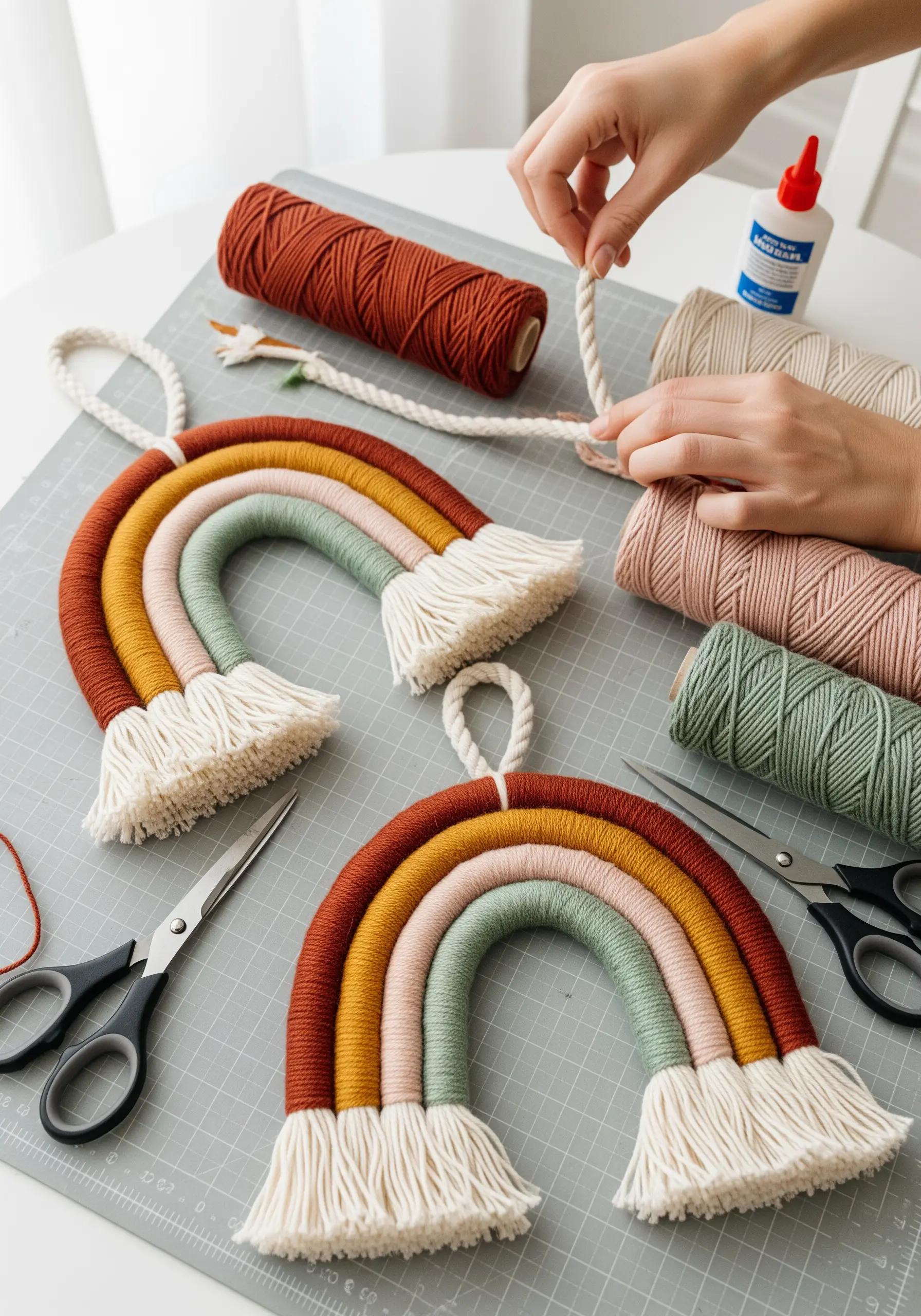 Hands wrapping yarn around rope to create a fiber rainbow wall hanging.