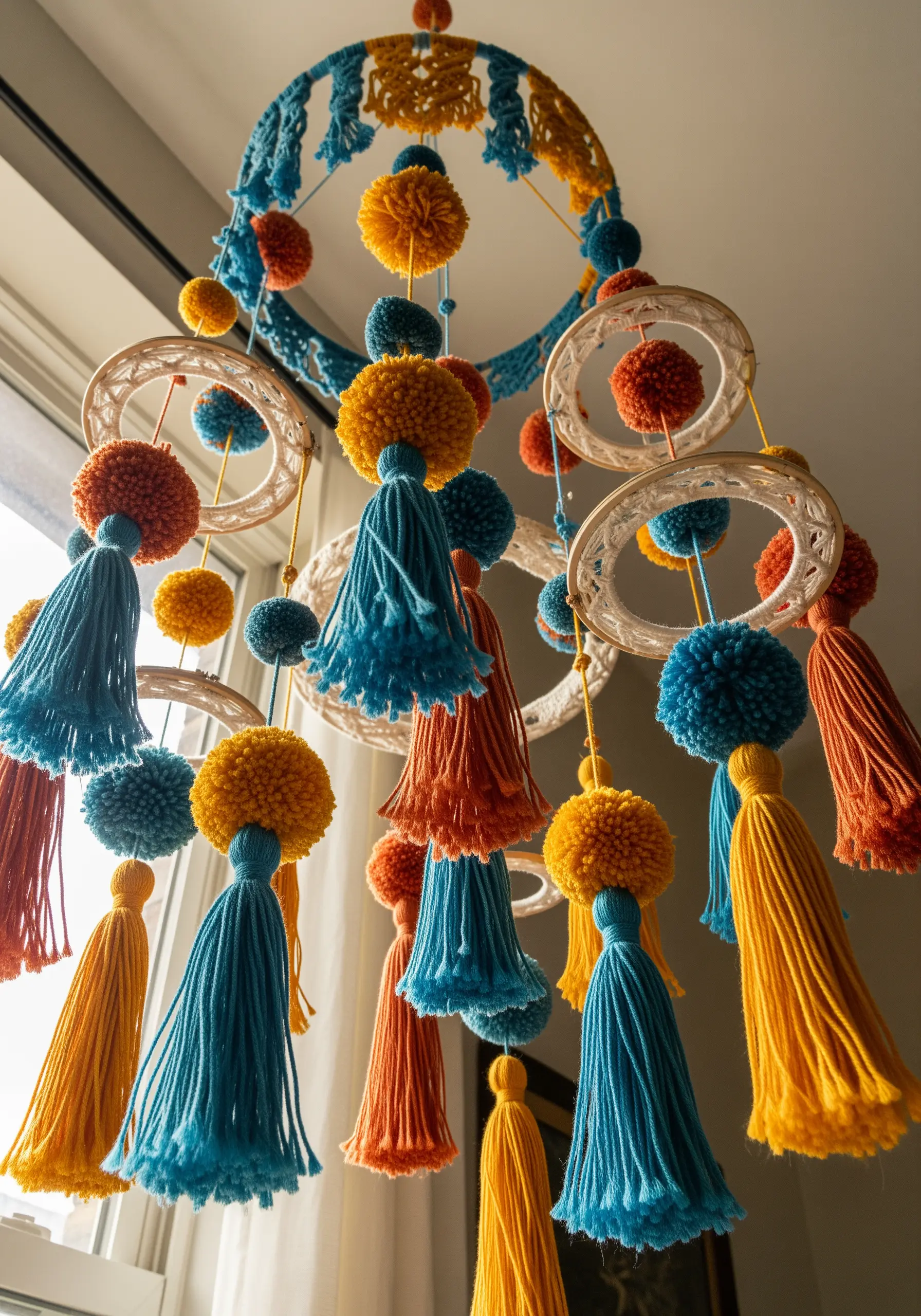 Mobile with yarn wrapped hoops and tassels