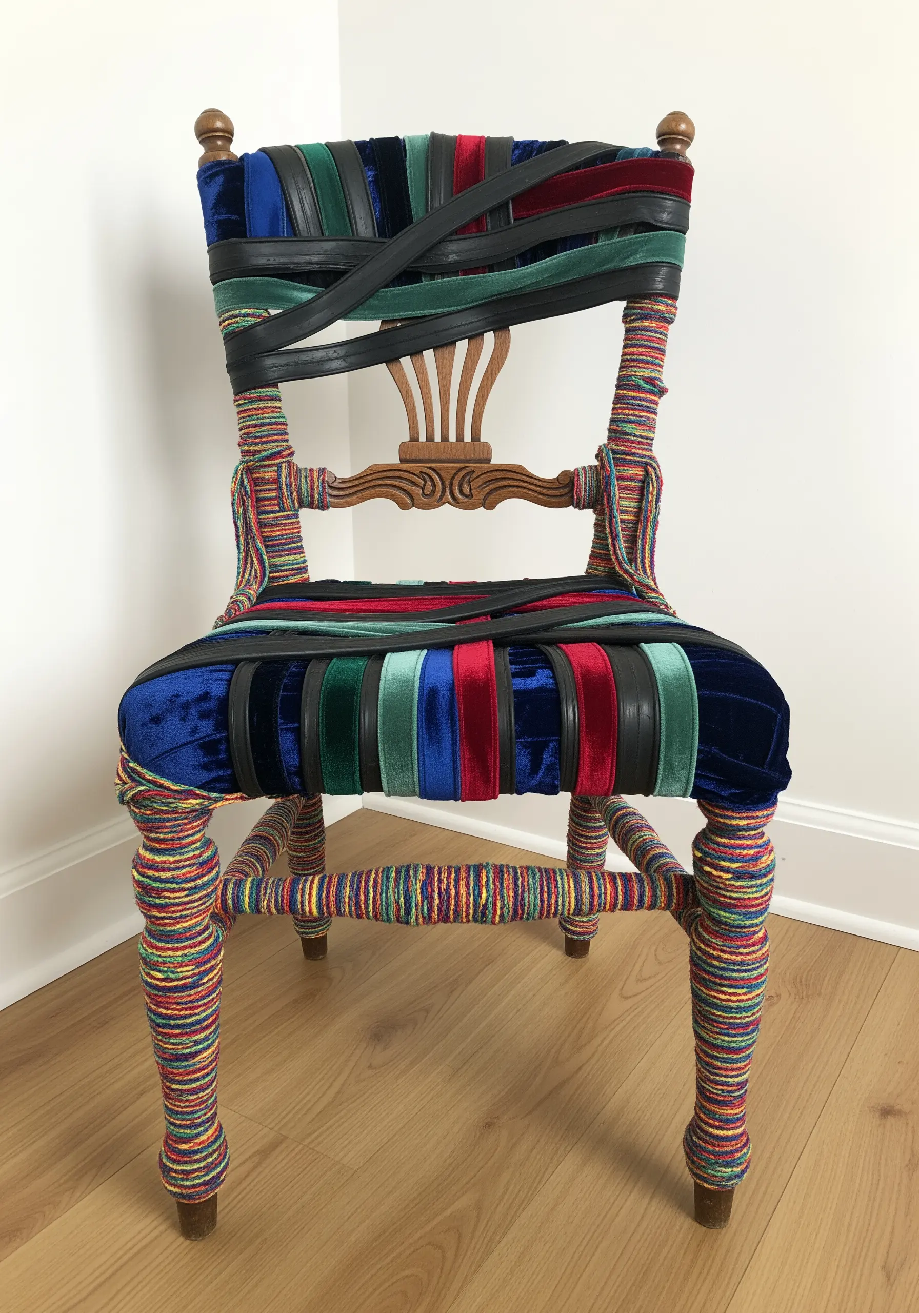 Wooden chair wrapped in colorful yarn and velvet strips