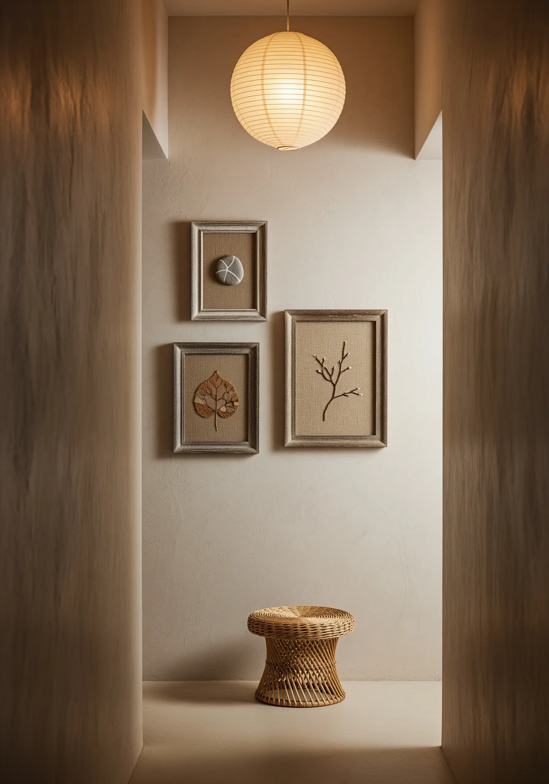 A trio of framed embroideries featuring a stone, a leaf, and a branch.