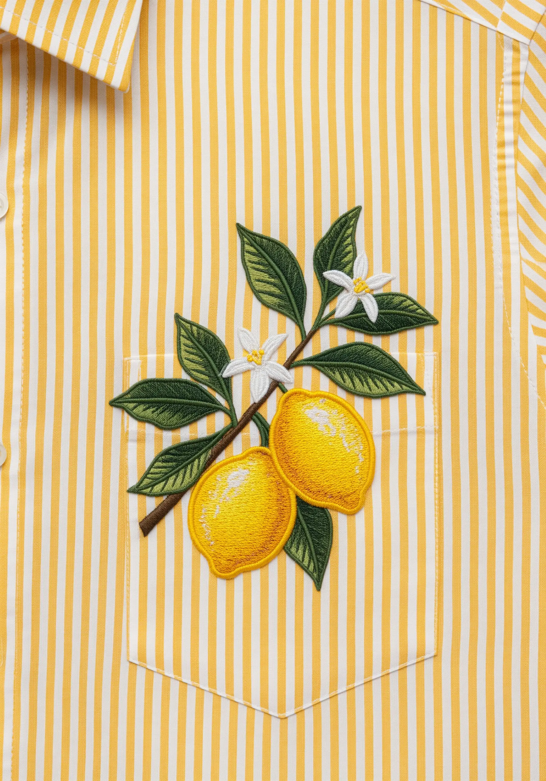 A branch with two lemons and white blossoms embroidered over the pocket of a striped shirt.