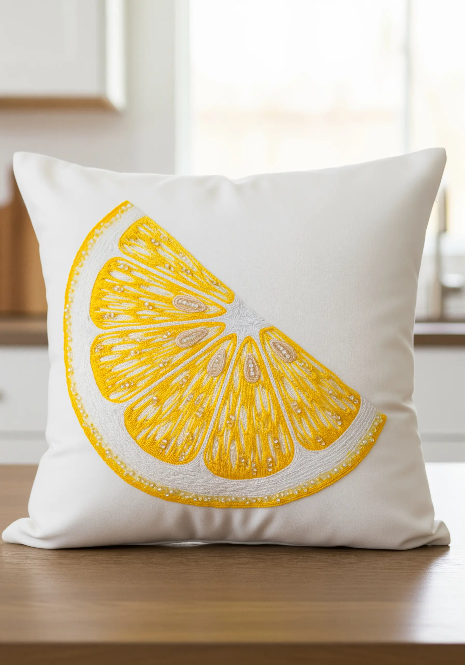An embroidered lemon wedge with seed beads for texture on a white pillow.
