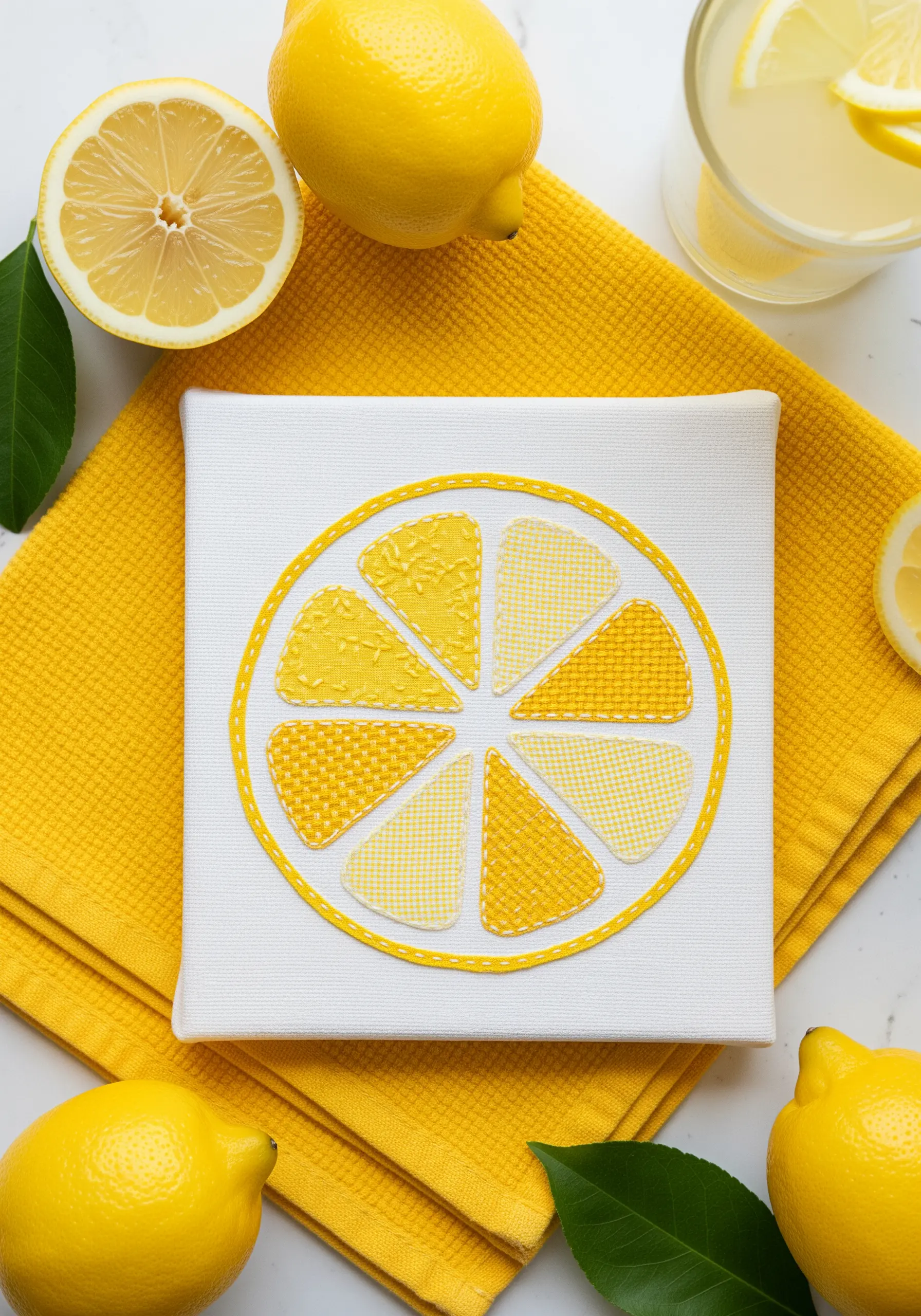 A lemon slice collage made with different yellow patterned fabric pieces on white canvas.