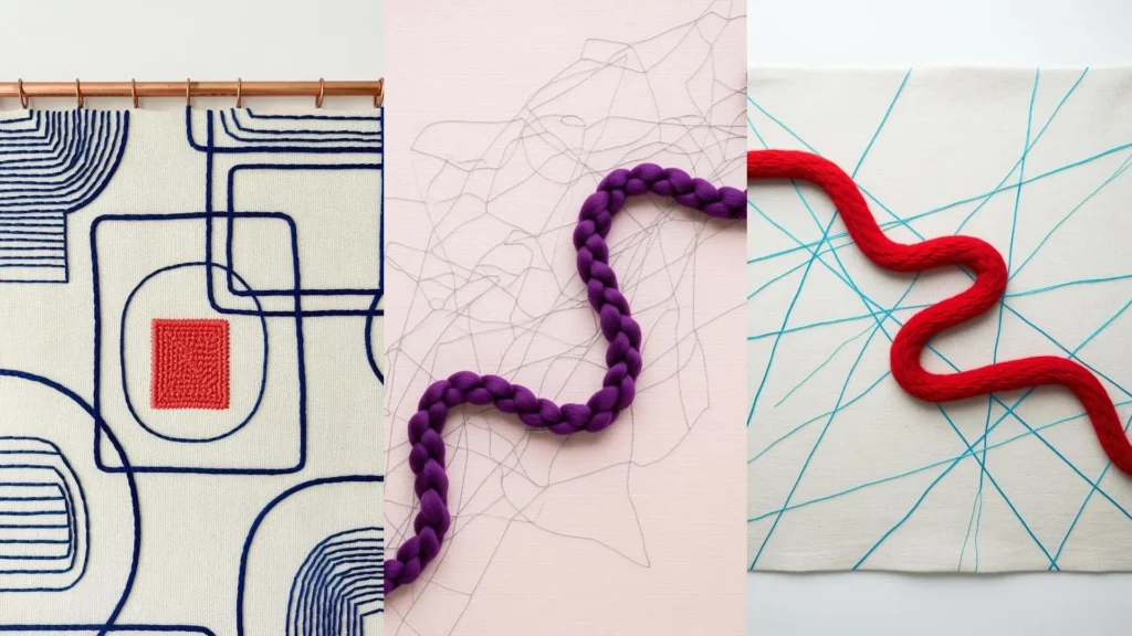 Abstract thread art shows color contrast methods making bold red and purple threads pop against a simple background.