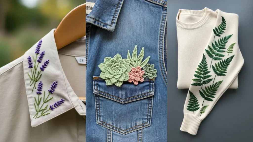 Botanical stitch techniques for turning old clothes into garden art, showing embroidered lavender, succulents, and ferns.
