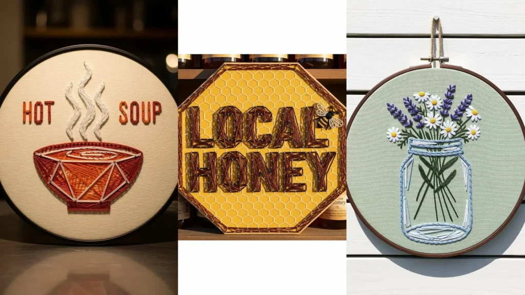 DIY string art kitchen signs to embroider for a homely touch, featuring soup, honey, and flower designs.