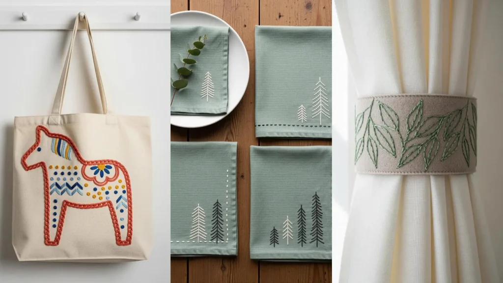 Scandinavian-inspired stitch motifs for a cozy Nordic interior, featuring a Dala horse tote and napkins with pine trees.