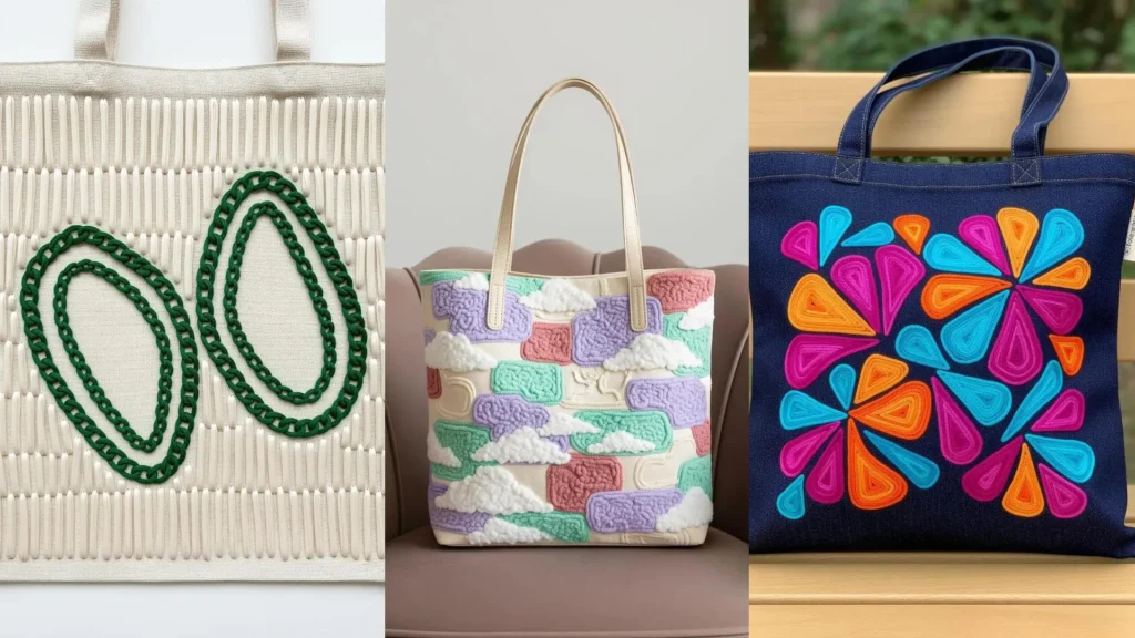 Tote bags transformed by abstract color block stitch ideas into unique, designer-style pieces.
