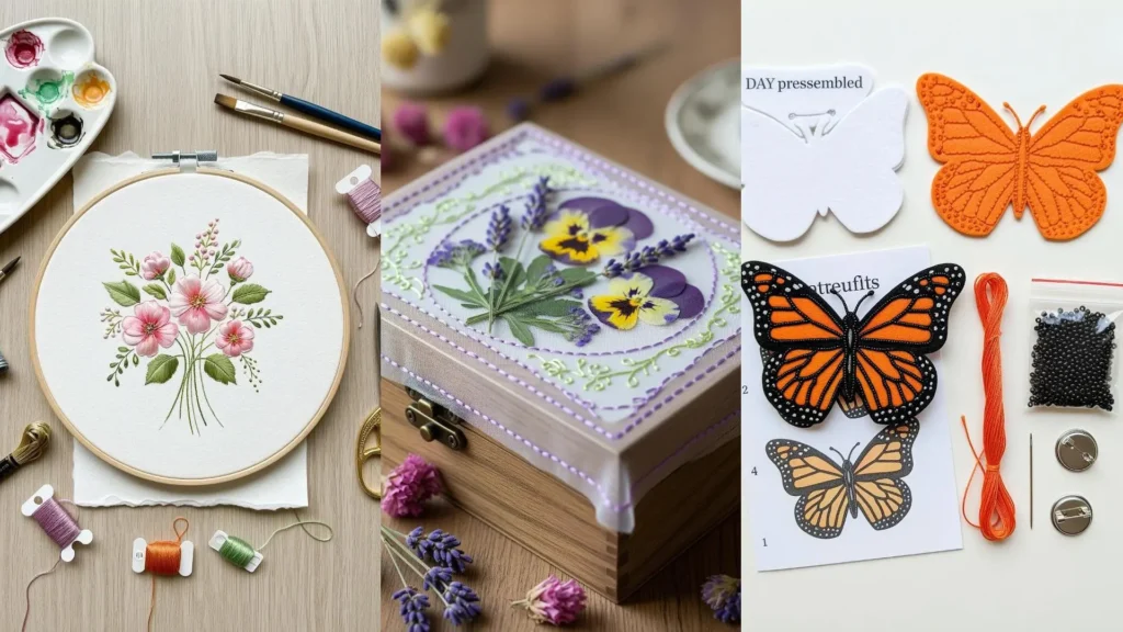 Handmade gifts using mixed-media embroidery, like a floral hoop, a pressed flower box, and a beaded butterfly pin.