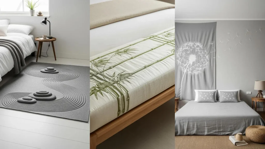 A collage of simple stitched patterns for creating a zen bedroom, featuring bamboo and dandelion embroidery.