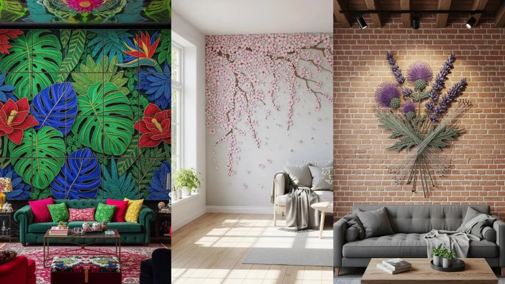 A collage of living rooms with floral embroidery walls, showcasing mesmerizing string art designs made from simple threads.