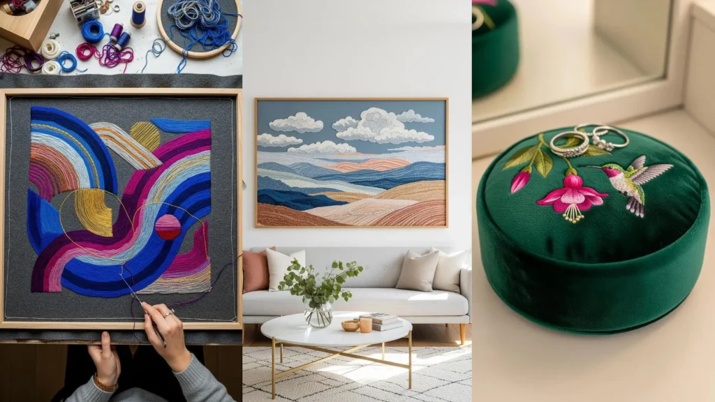A collage of DIY embroidery projects creating a warm and inviting living space with colorful handmade wall art.
