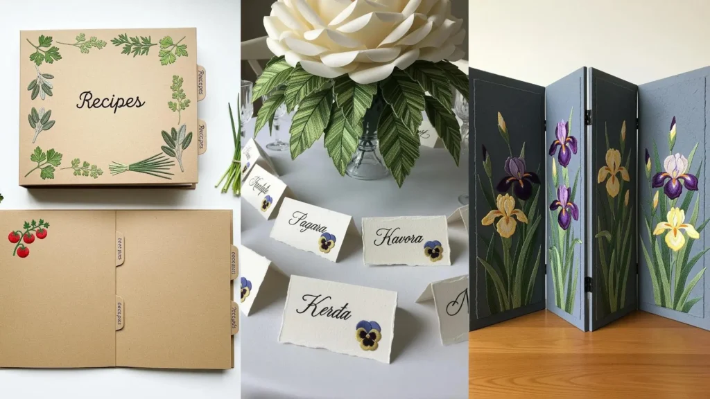 DIY paper art ideas pairing floral embroidery with a recipe book, place cards, and a decorative screen with irises.