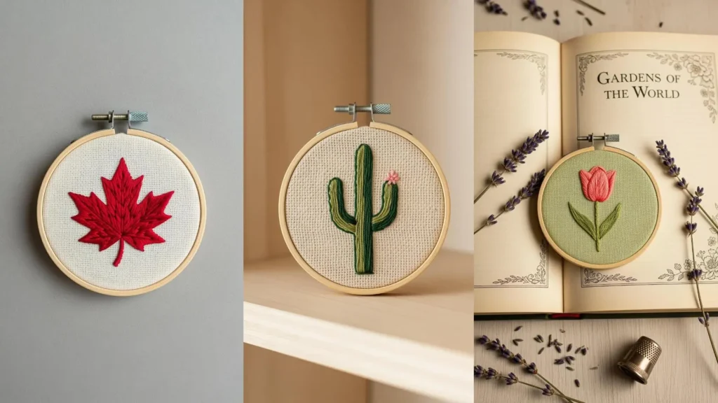 Three tiny embroidery hoops as vacation souvenirs, featuring a maple leaf, a cactus, and a tulip.