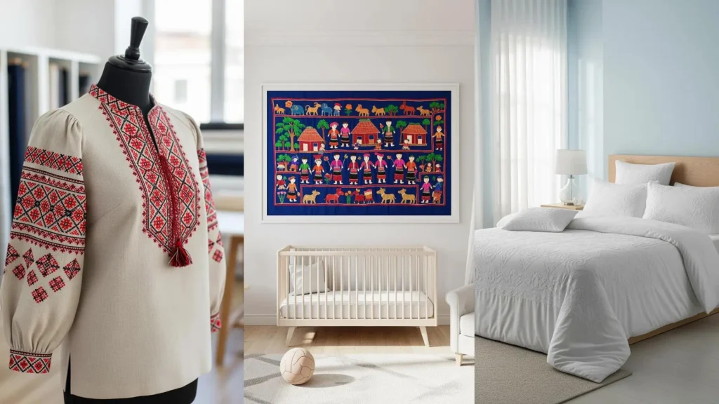 A collage of cultural textile art with an embroidered shirt, a framed tapestry, and bedding, showing global embroidery traditions.
