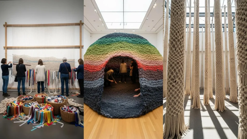 Visitors touch large, colorful, interactive fiber art installations at a gallery exhibition.
