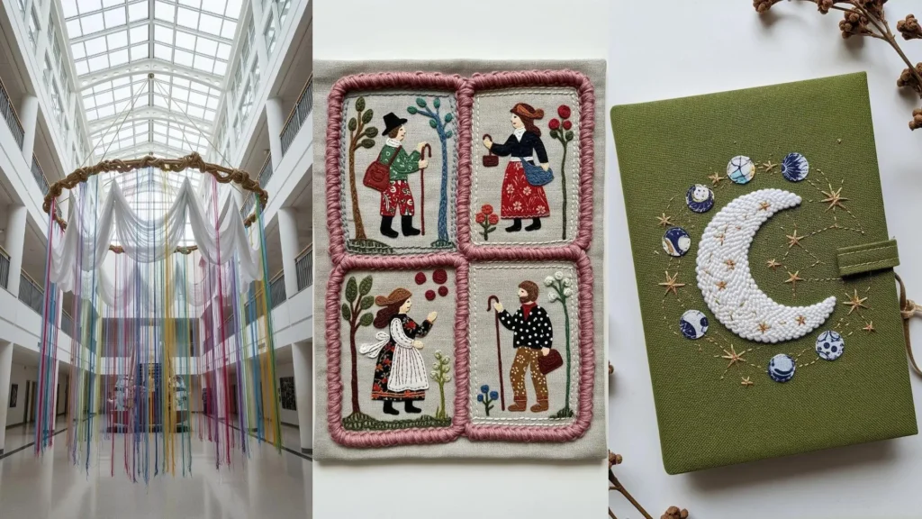 A collage of mixed-fiber creations, beautifully merging yarn, fabric, and thread in embroidery and installation art.