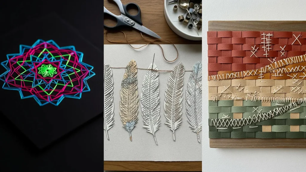 Collage of paper art projects using tiny stitches for eye-catching decor, like a neon mandala and woven wall art.