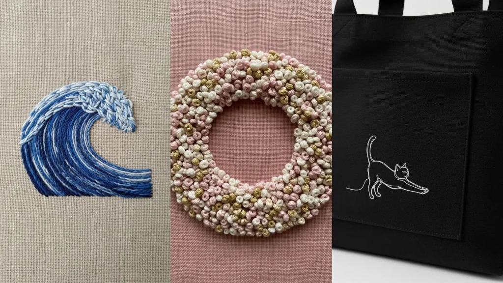 A collage of easy embroidery designs that look fancy, including a blue wave, a textured wreath, and a simple cat design.