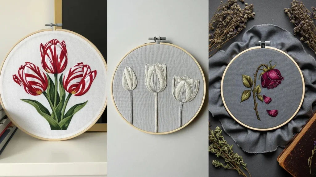Realistic tulip and rose embroidery ideas shown in three hoops, including striped tulips and a wilting rose.