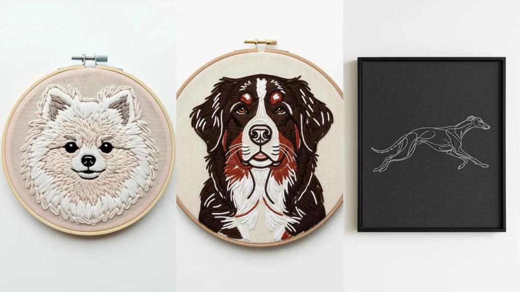 Three embroidered dog pet portraits, including simple line art stitches, framed and ready for a dog mom's entry wall.