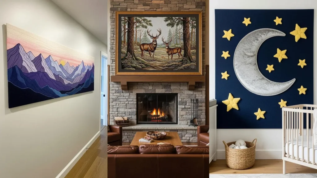 A collage of nature embroidery murals for the home, featuring mountain, forest, and starry sky designs.