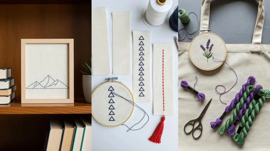 Refresh any room with minimalist embroidery accents. Collage of framed art, bookmarks, and a lavender tote bag.