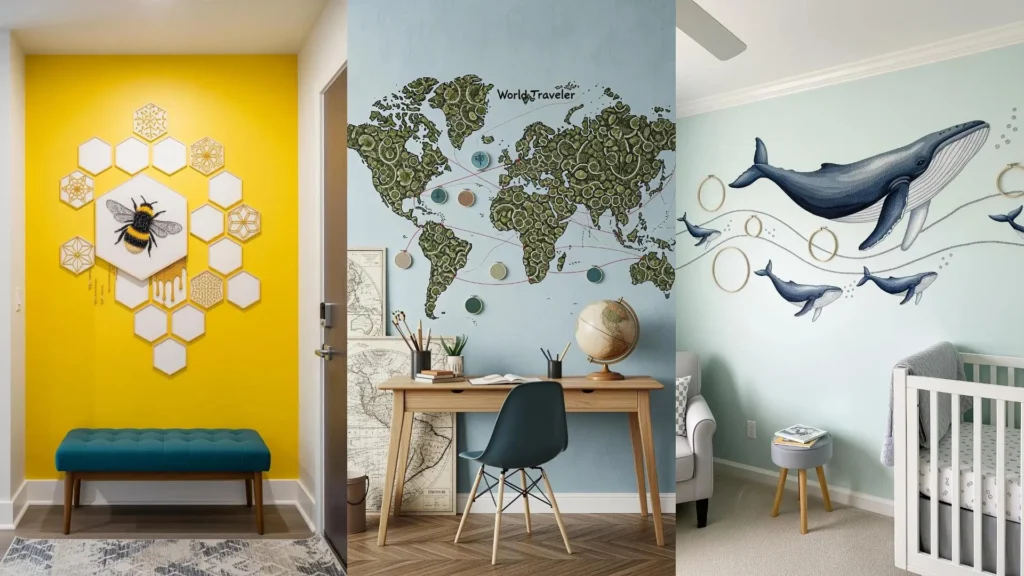 A collage of three embroidery hoop wall murals creating a story wall in different rooms of a home.