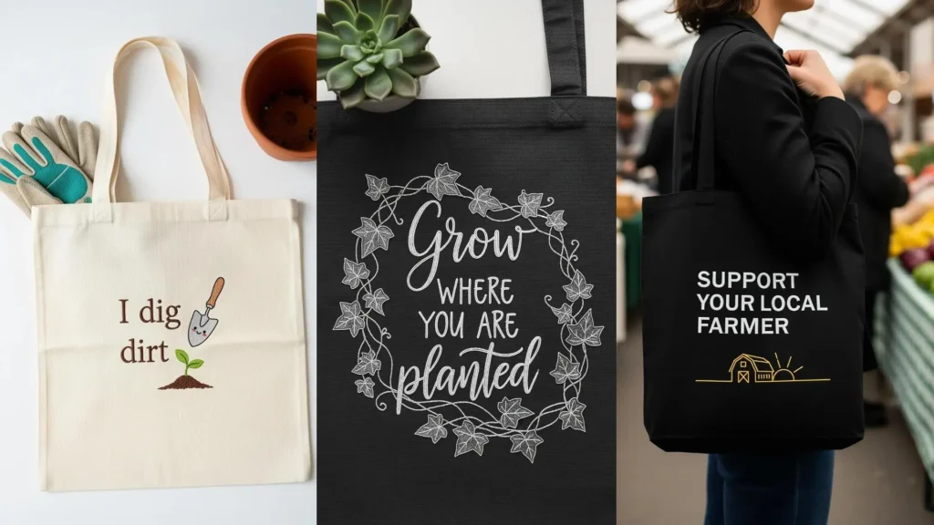 A collage of tote bags with statement embroidery quotes, perfect for turning heads at a local farmers market.