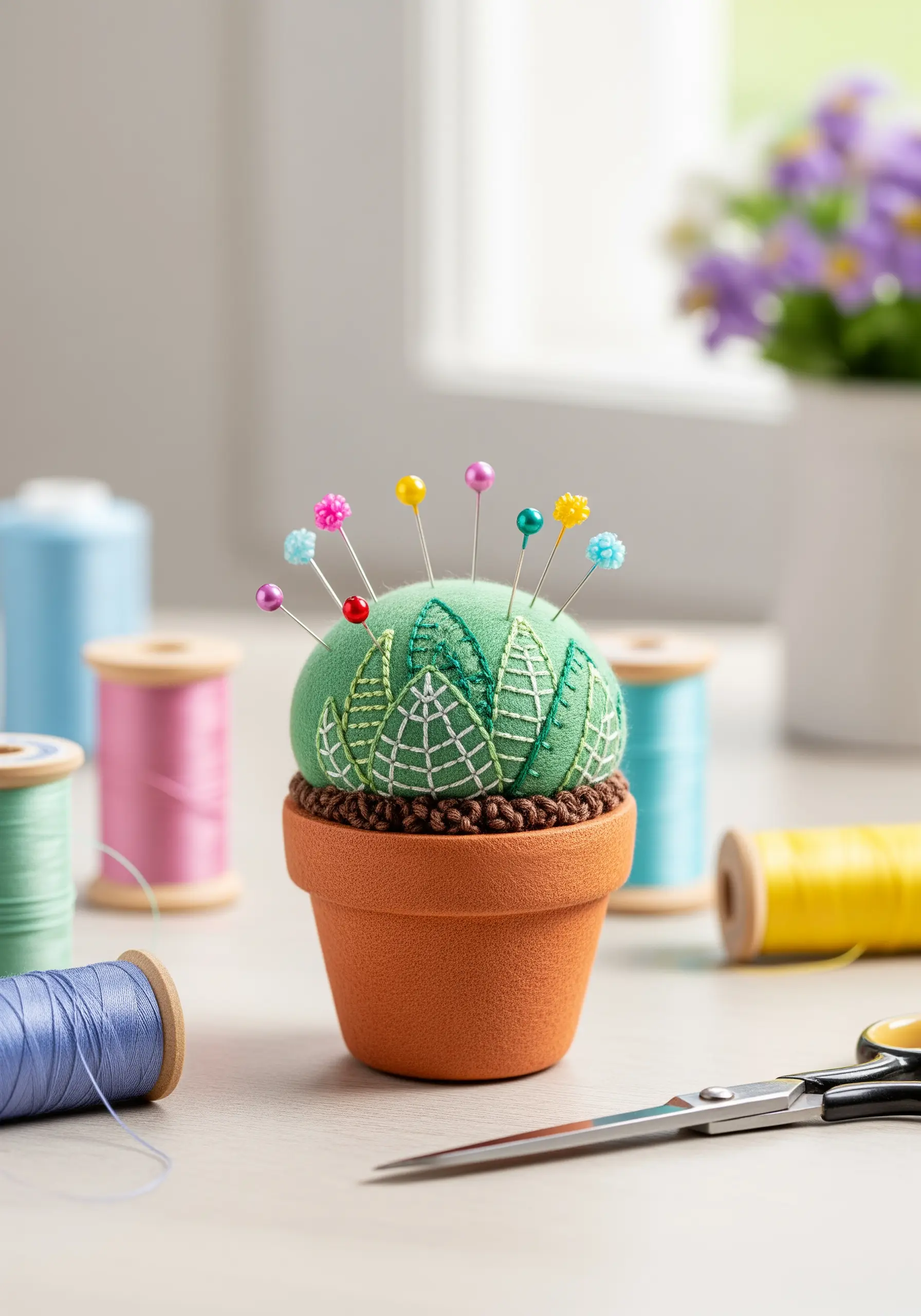 A small, round pincushion designed to look like a cactus in a terracotta pot, with pins sticking out.
