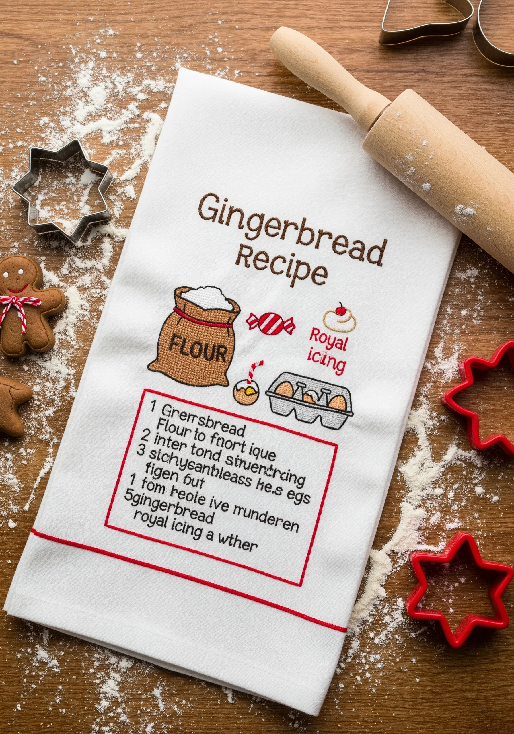A white kitchen towel embroidered with a gingerbread recipe, illustrations of flour, eggs, and candy.