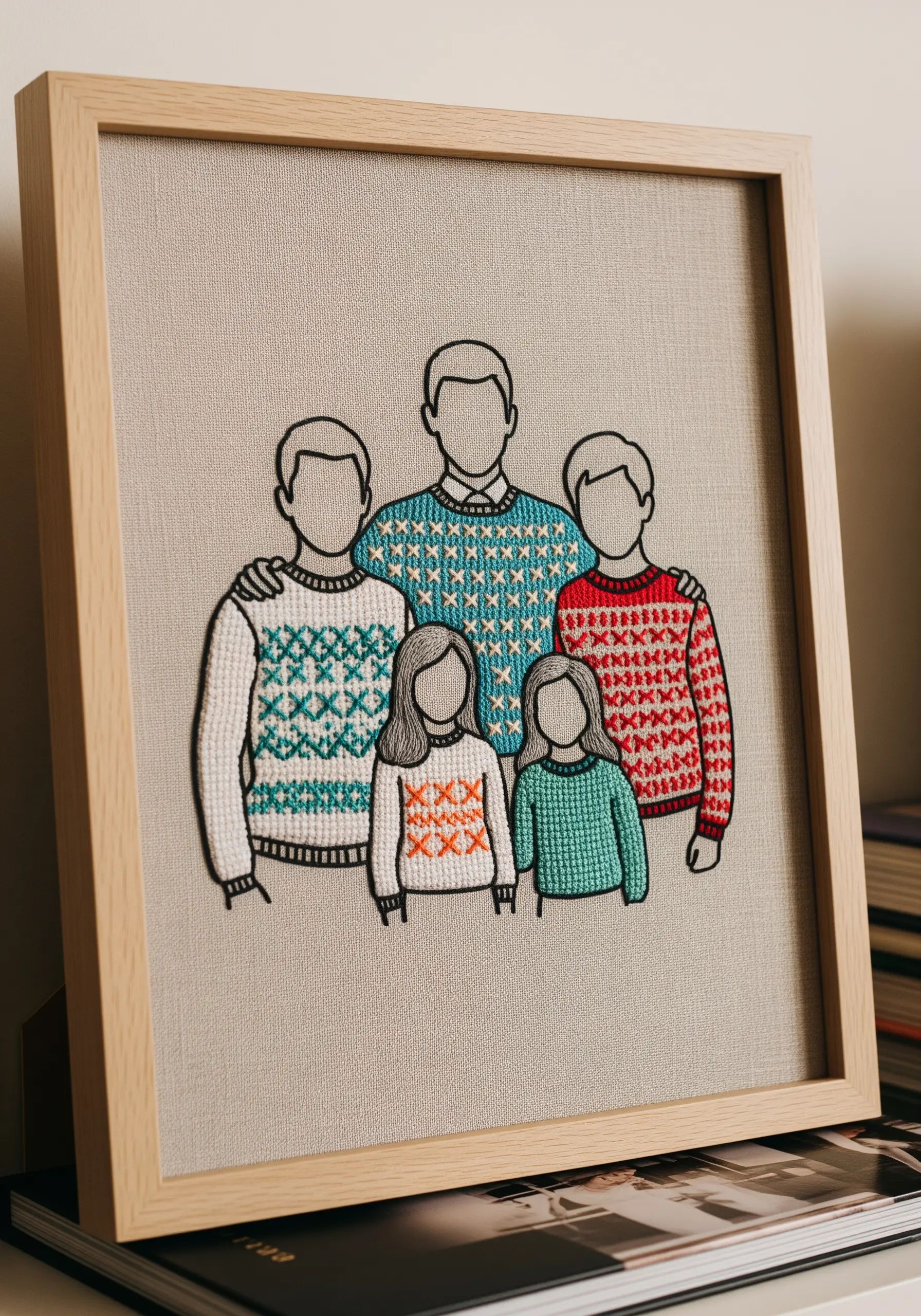 A framed, embroidered family portrait with faceless figures, detailed with unique patterns on their sweaters.
