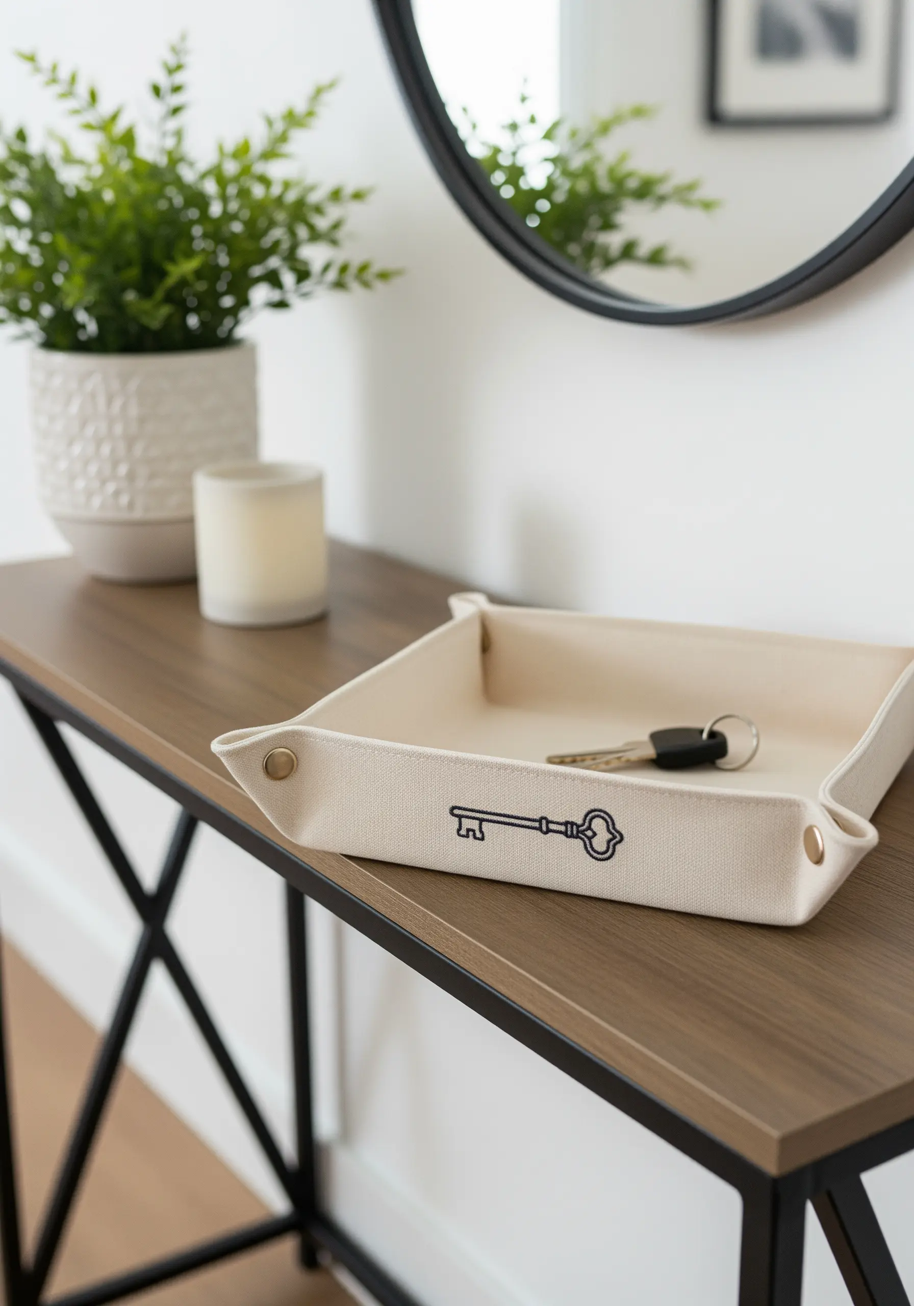 A canvas valet tray on an entryway table, embroidered with a single black vintage key motif.
