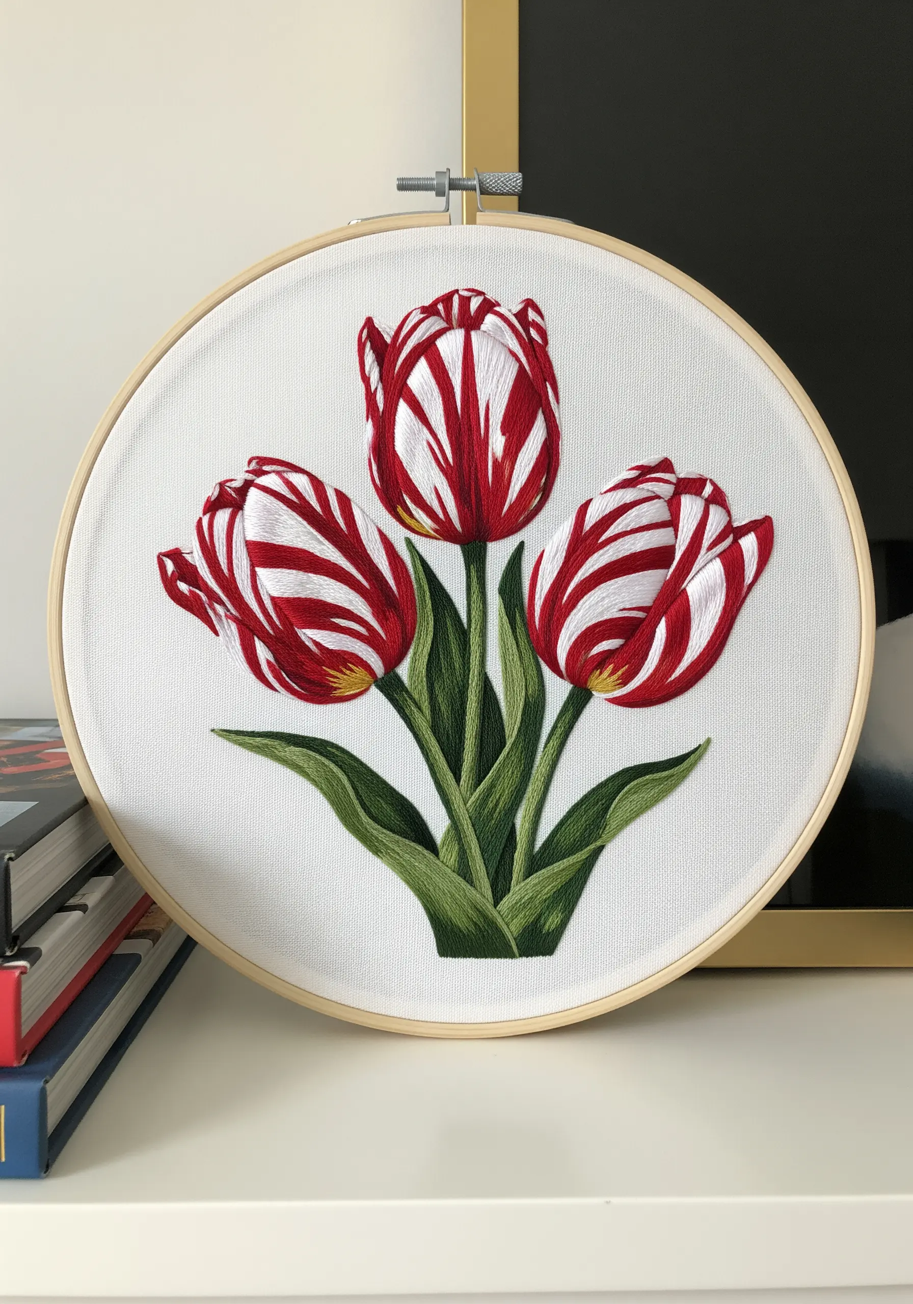 Three red-and-white striped Rembrandt tulips embroidered with clean, sharp lines on white canvas.