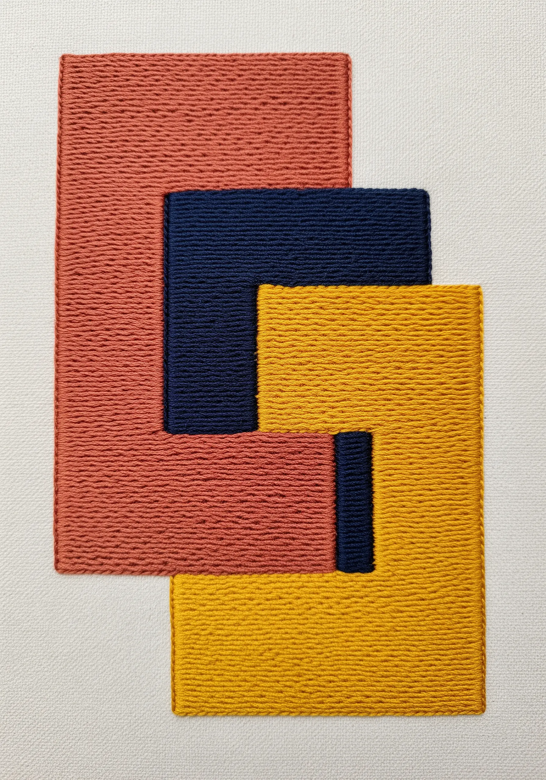 An abstract geometric design with interlocking shapes filled with satin stitch in coral, navy, and yellow.