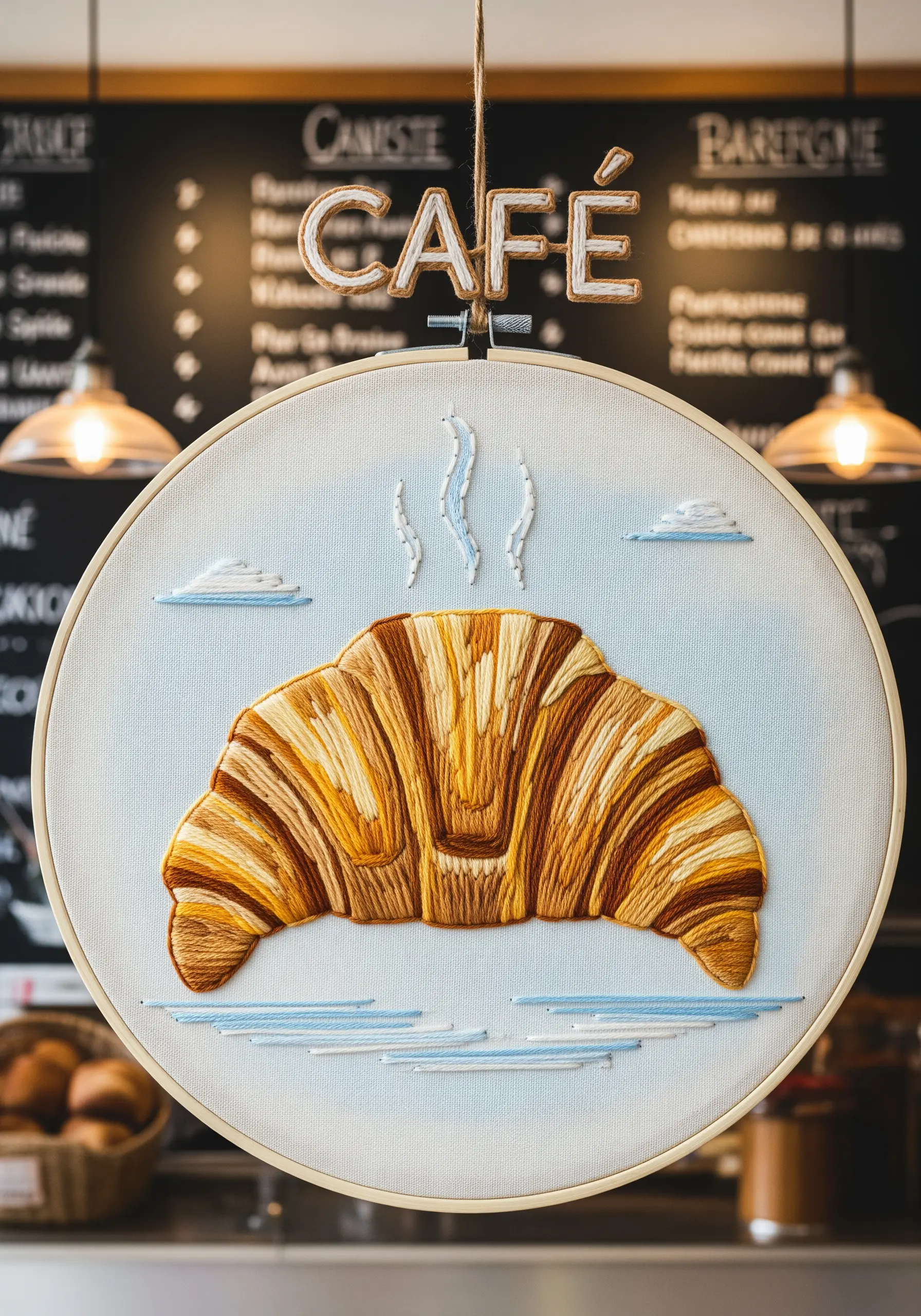 A realistic embroidered croissant with thread-painted layers of gold, tan, and brown.