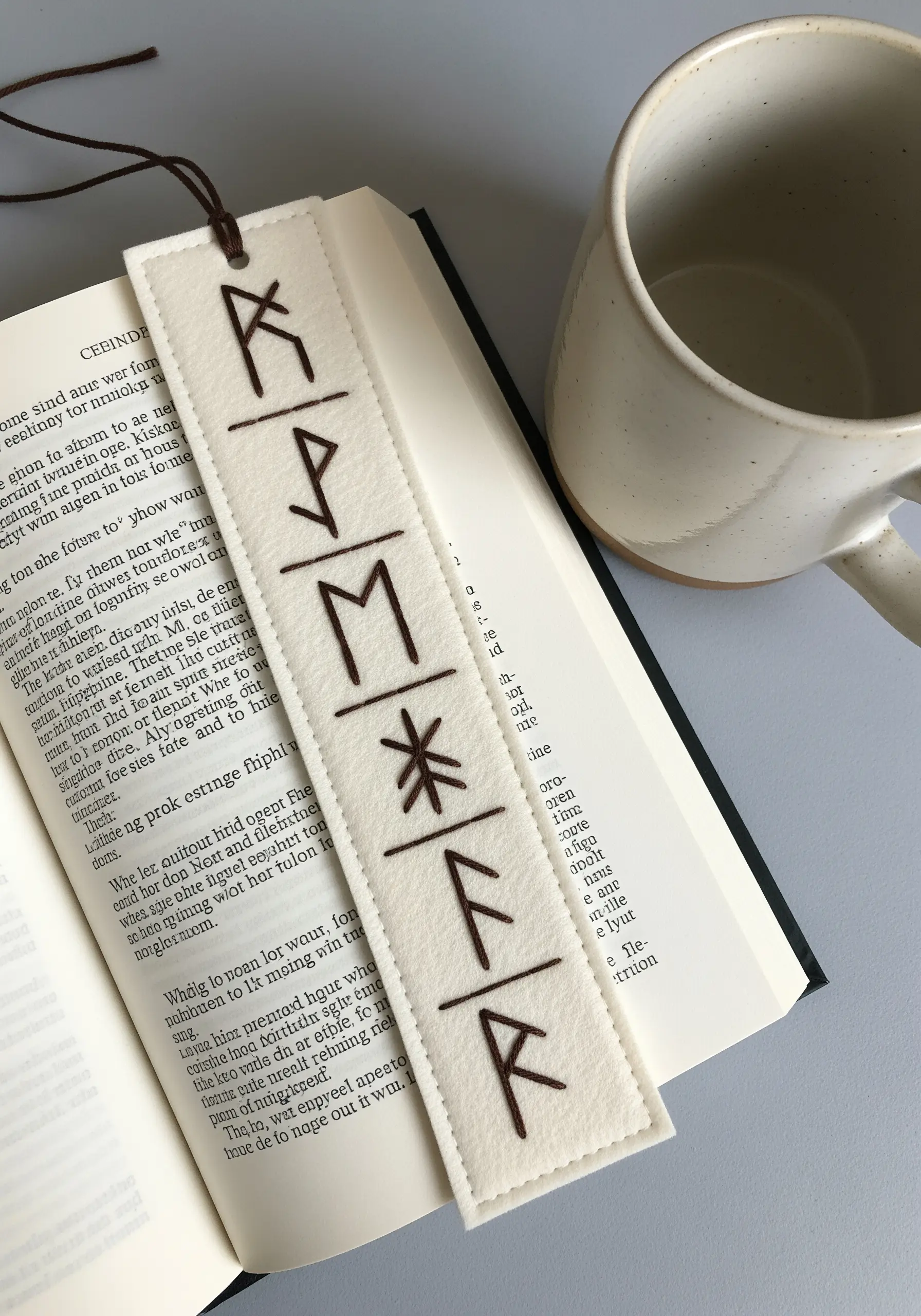 A cream-colored felt bookmark embroidered with a vertical line of brown Nordic runes.