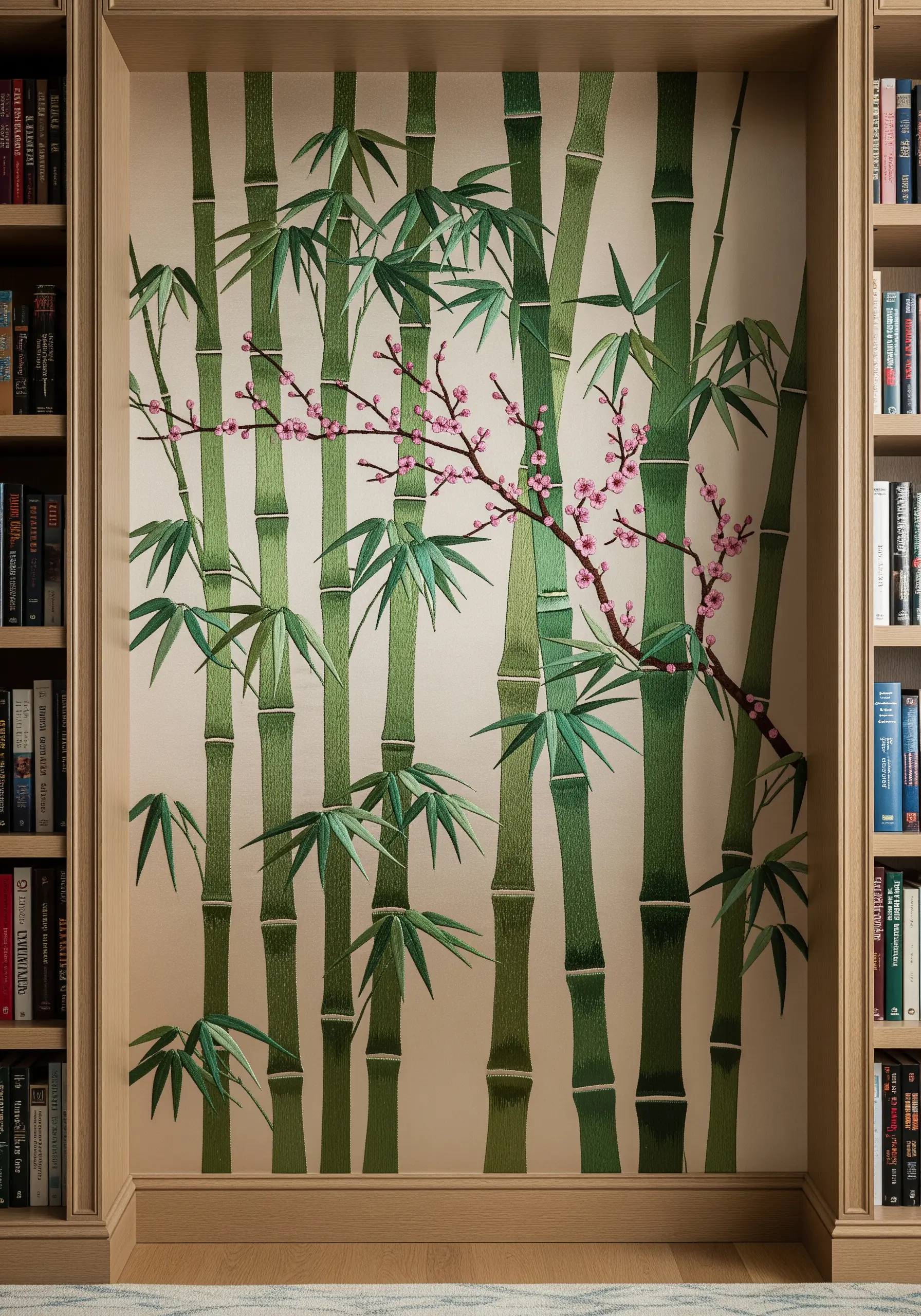 An elegant embroidery of green bamboo stalks and pink blossoms inside a bookshelf nook.