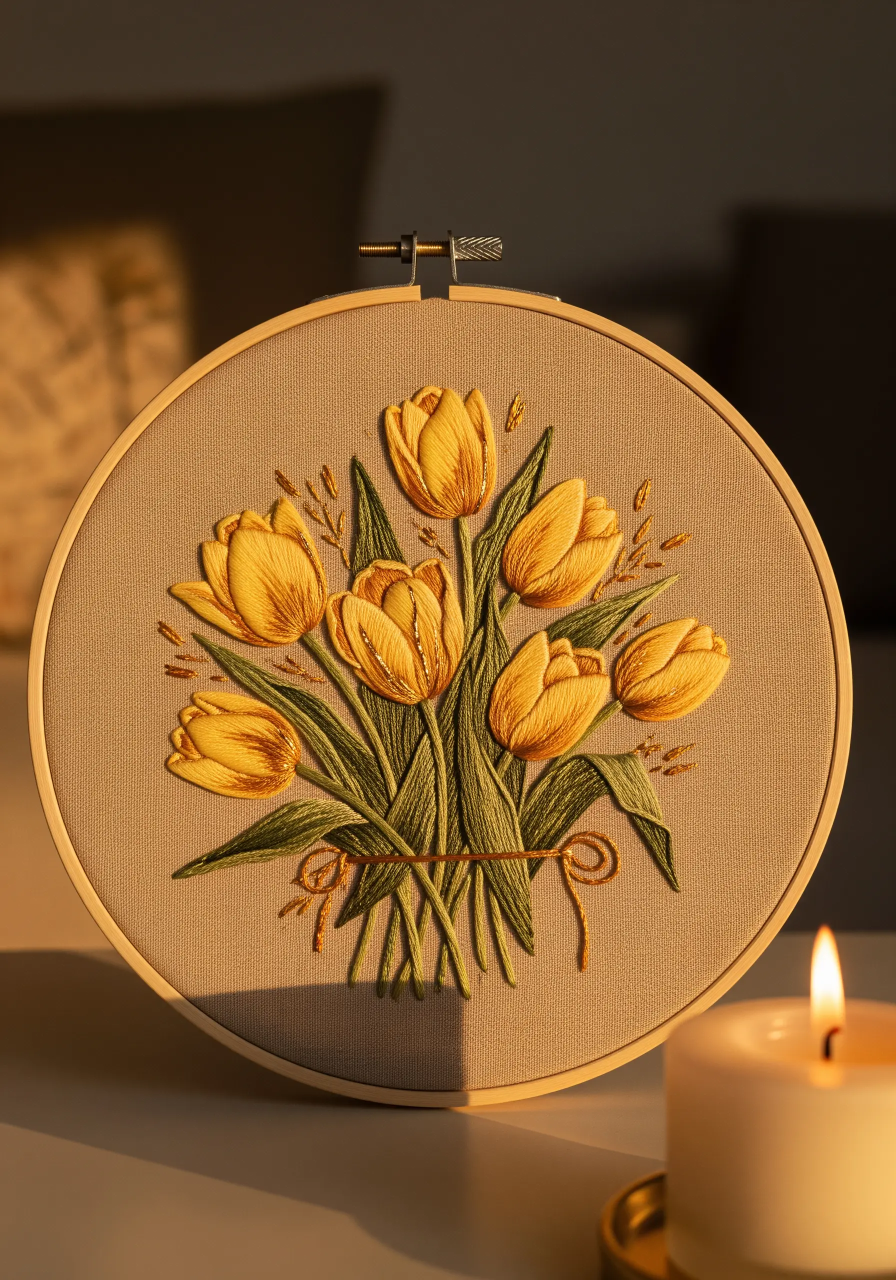 A bouquet of soft yellow tulips with subtle shading, embroidered on a warm beige canvas.