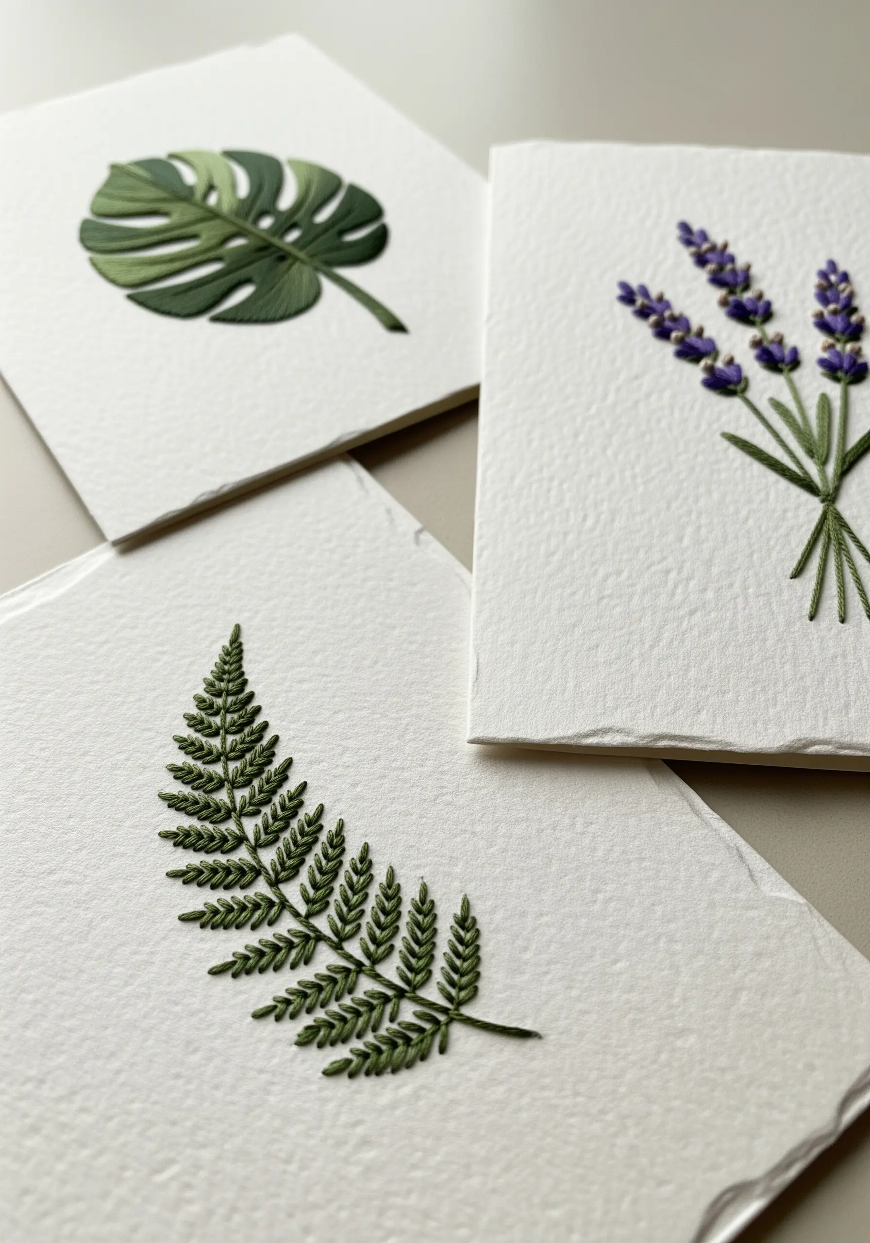 Three pieces of textured paper embroidered with a fern, lavender, and a monstera leaf.