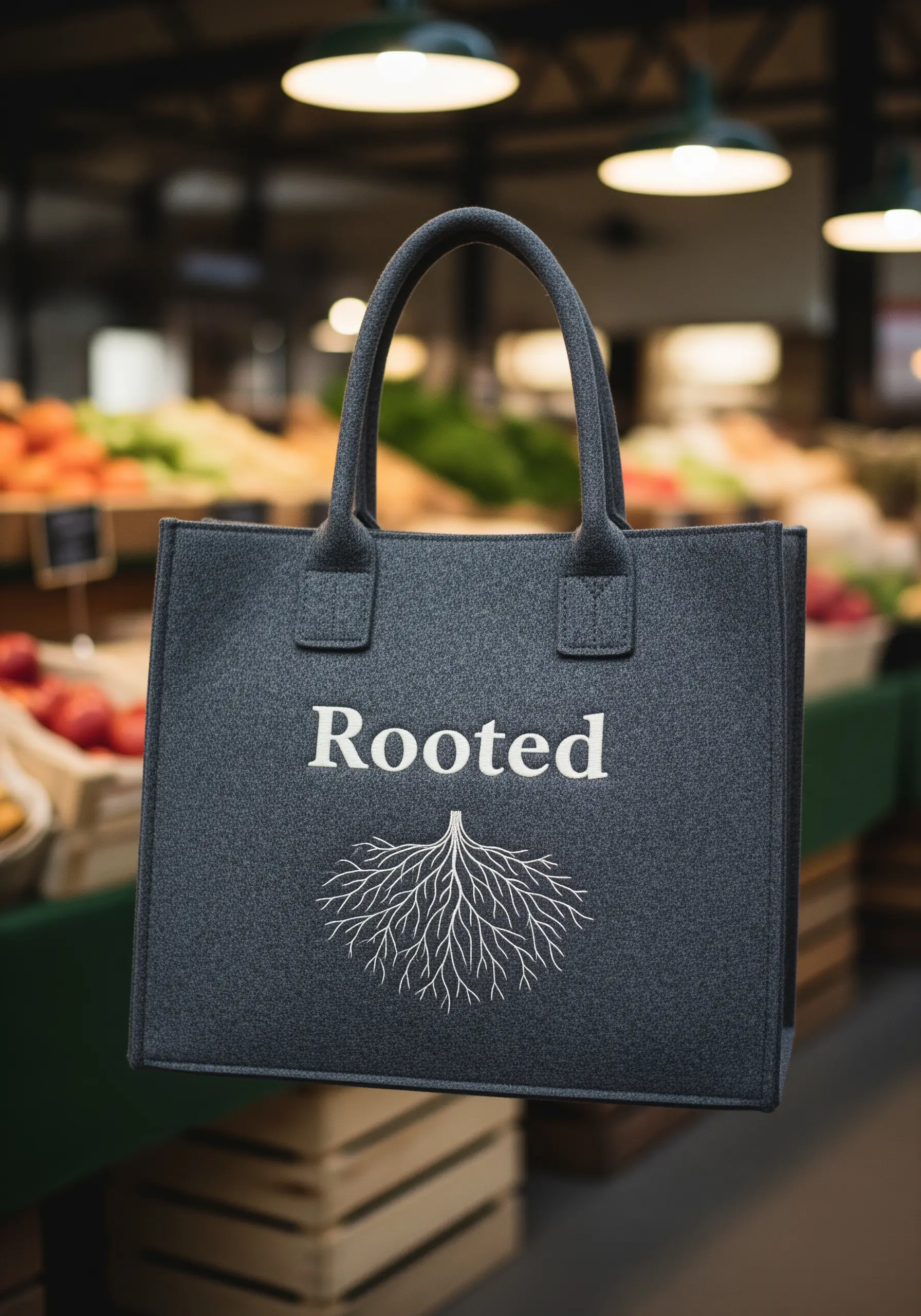 Grey felt tote bag with 'Rooted' embroidered in white and delicate stitched roots below.
