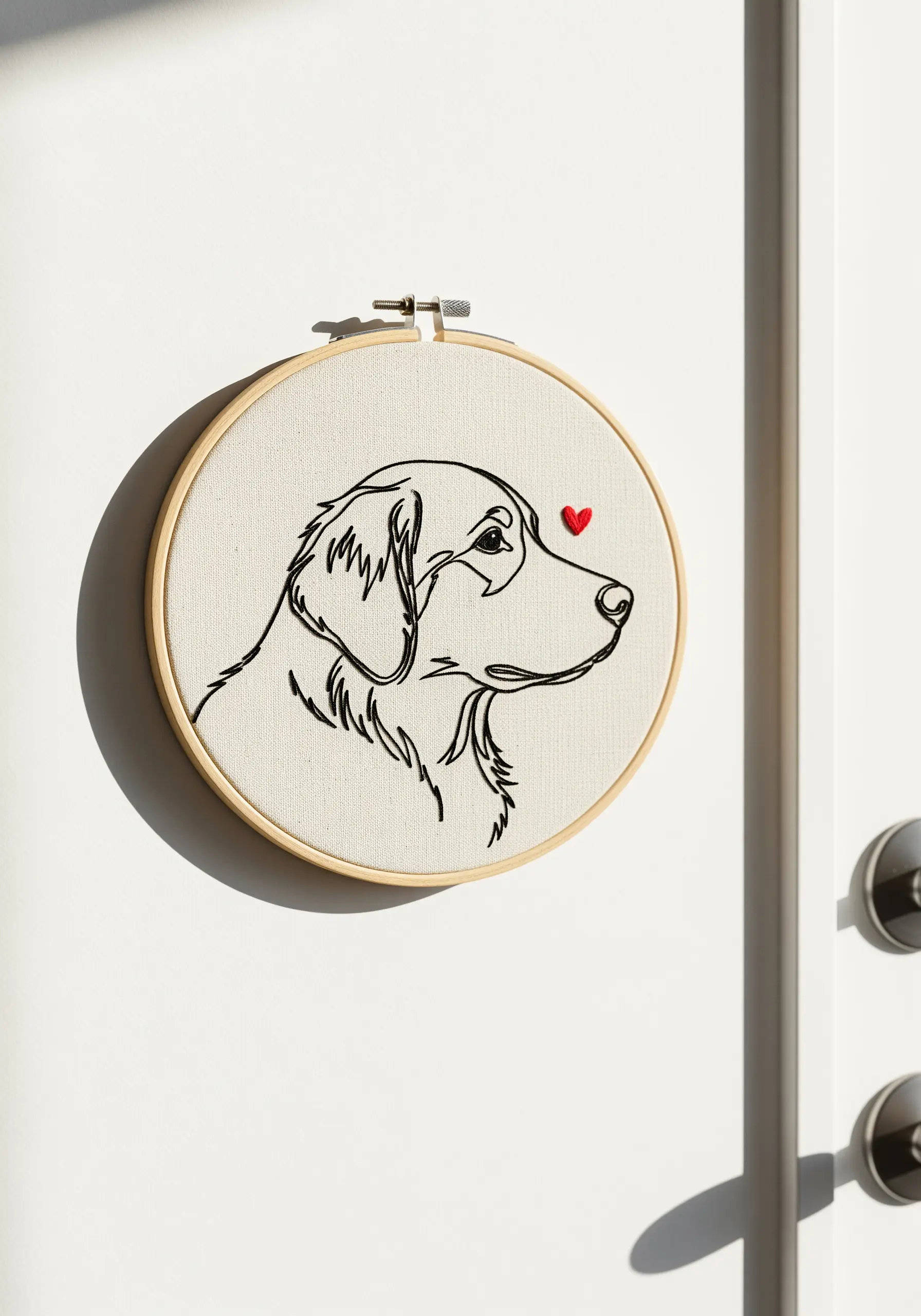 Minimalist line art embroidery of a golden retriever with a tiny red heart on its nose.