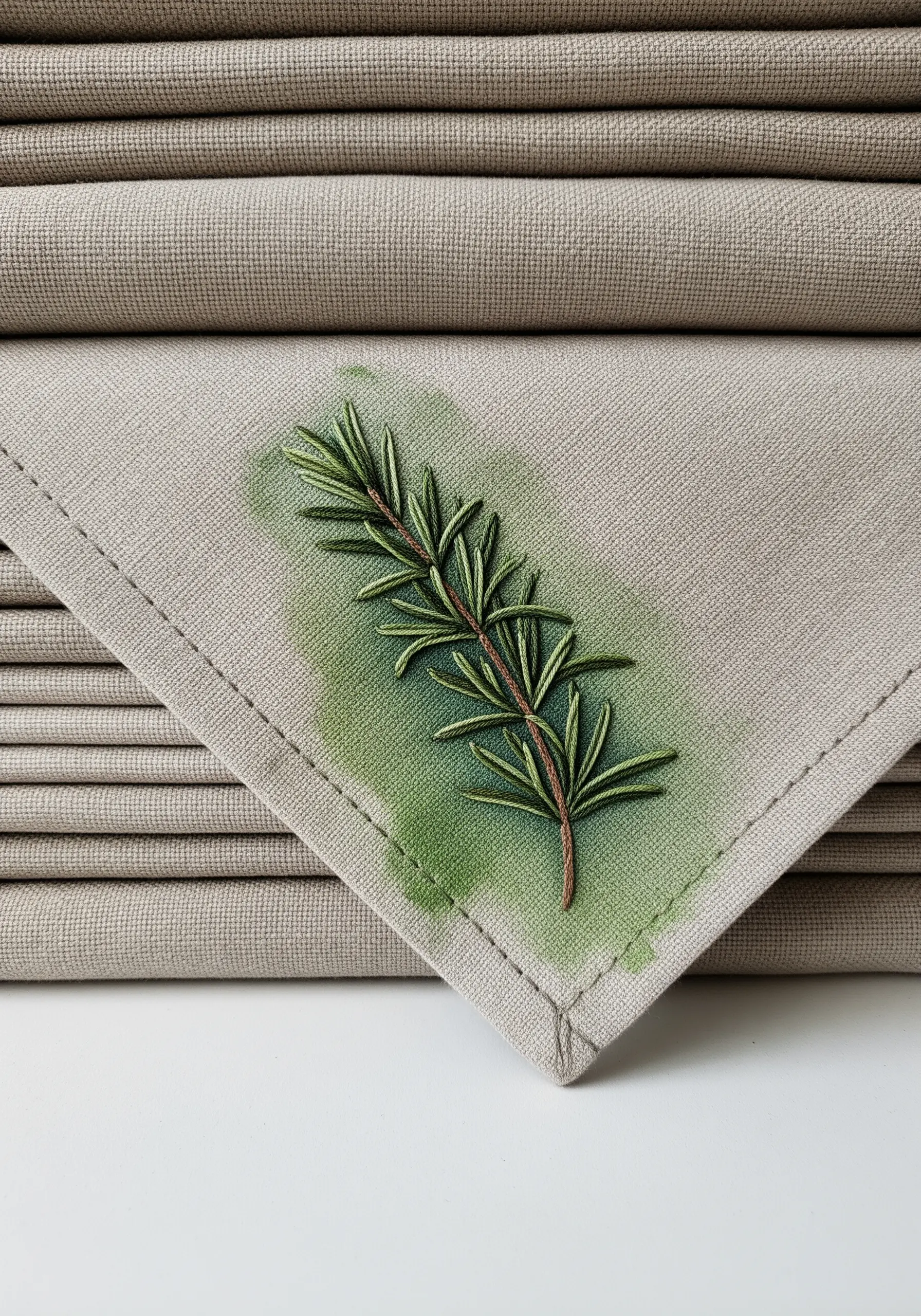 A sprig of rosemary embroidered on a linen napkin with a green watercolor wash behind it.
