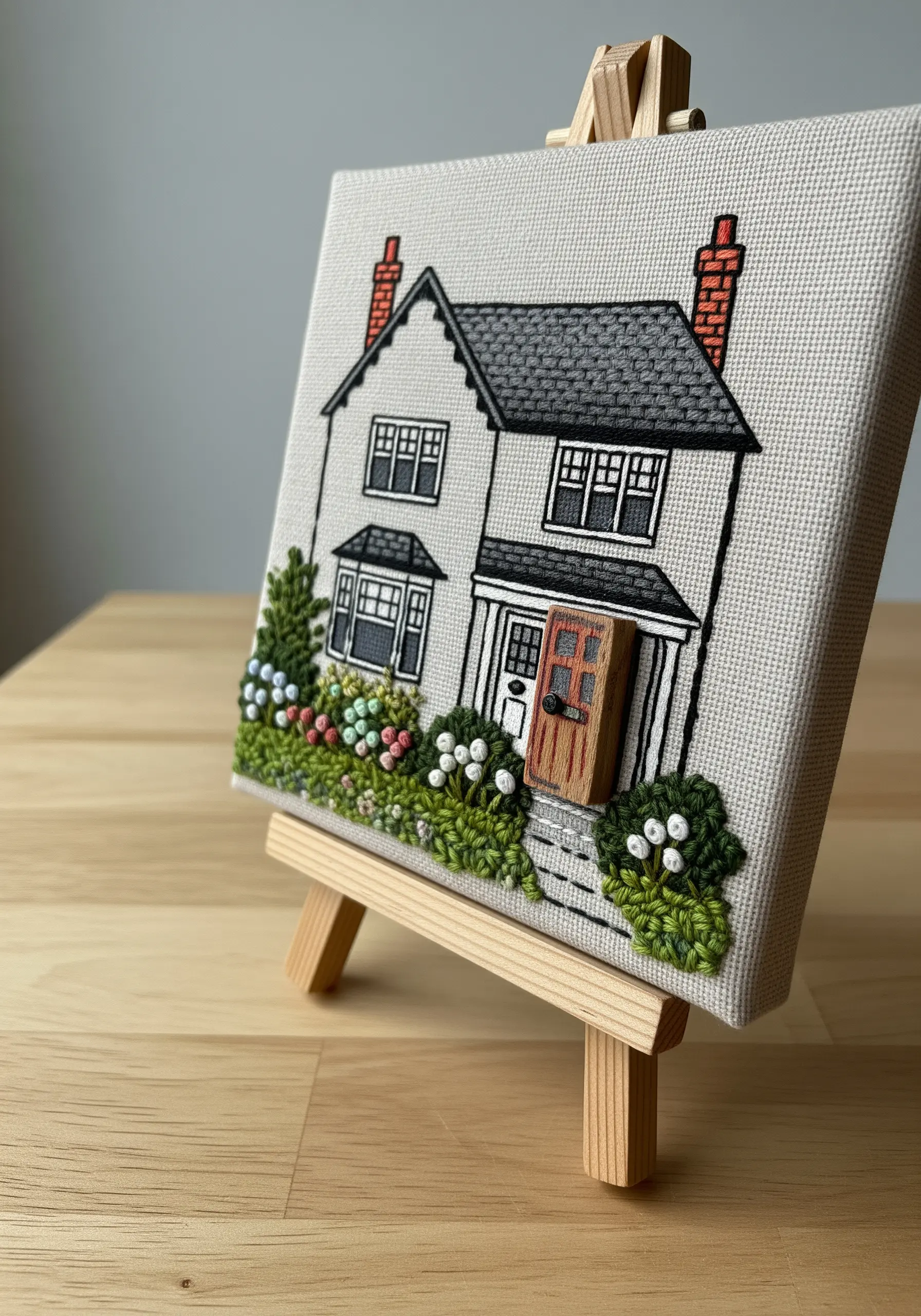 An embroidered house portrait on canvas with a small wooden door added for a 3D effect.