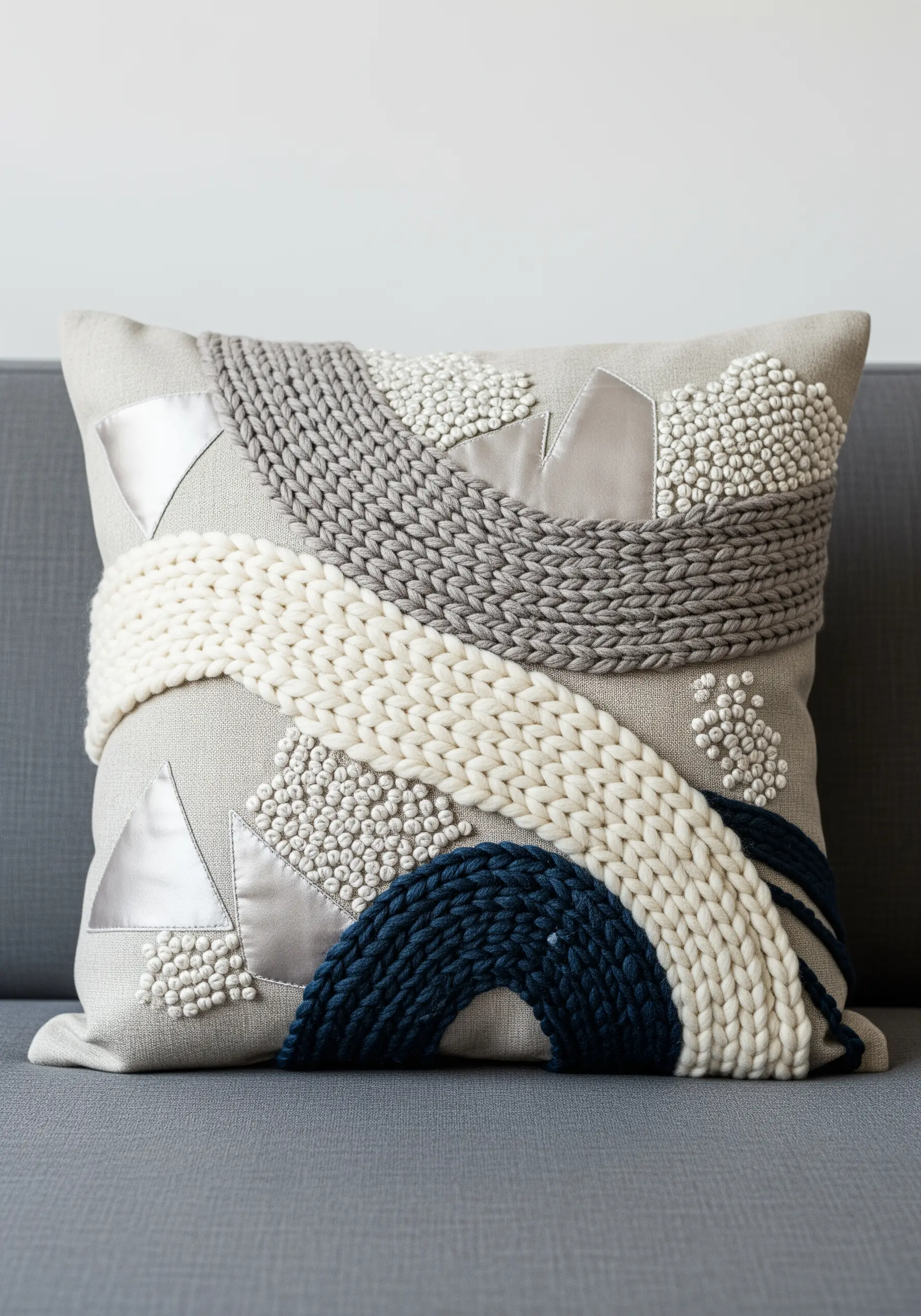 Gray throw pillow decorated with sweeping curves of chunky couched yarn and pearl beads.