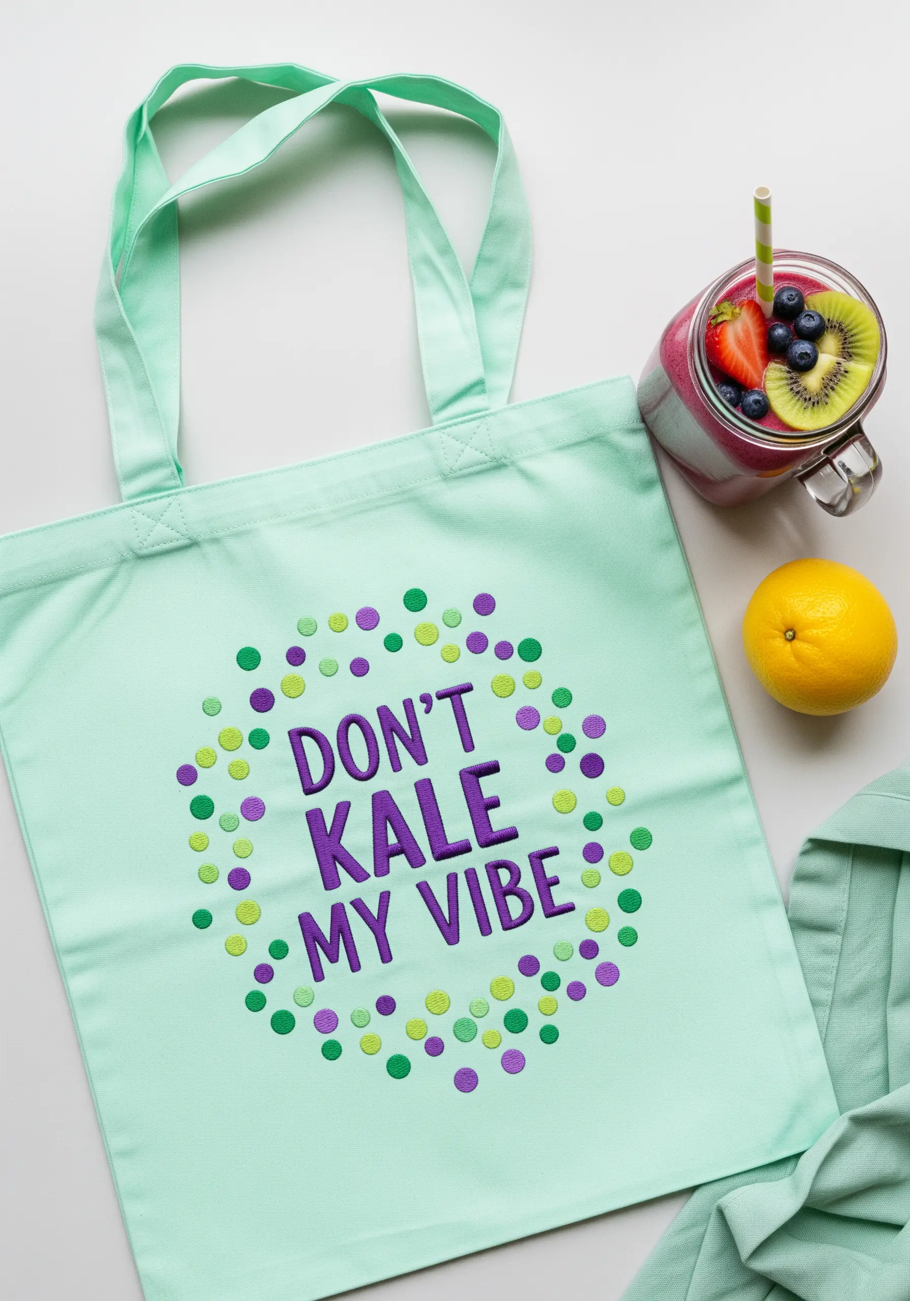Mint green tote with a purple quote surrounded by a confetti of embroidered dots.