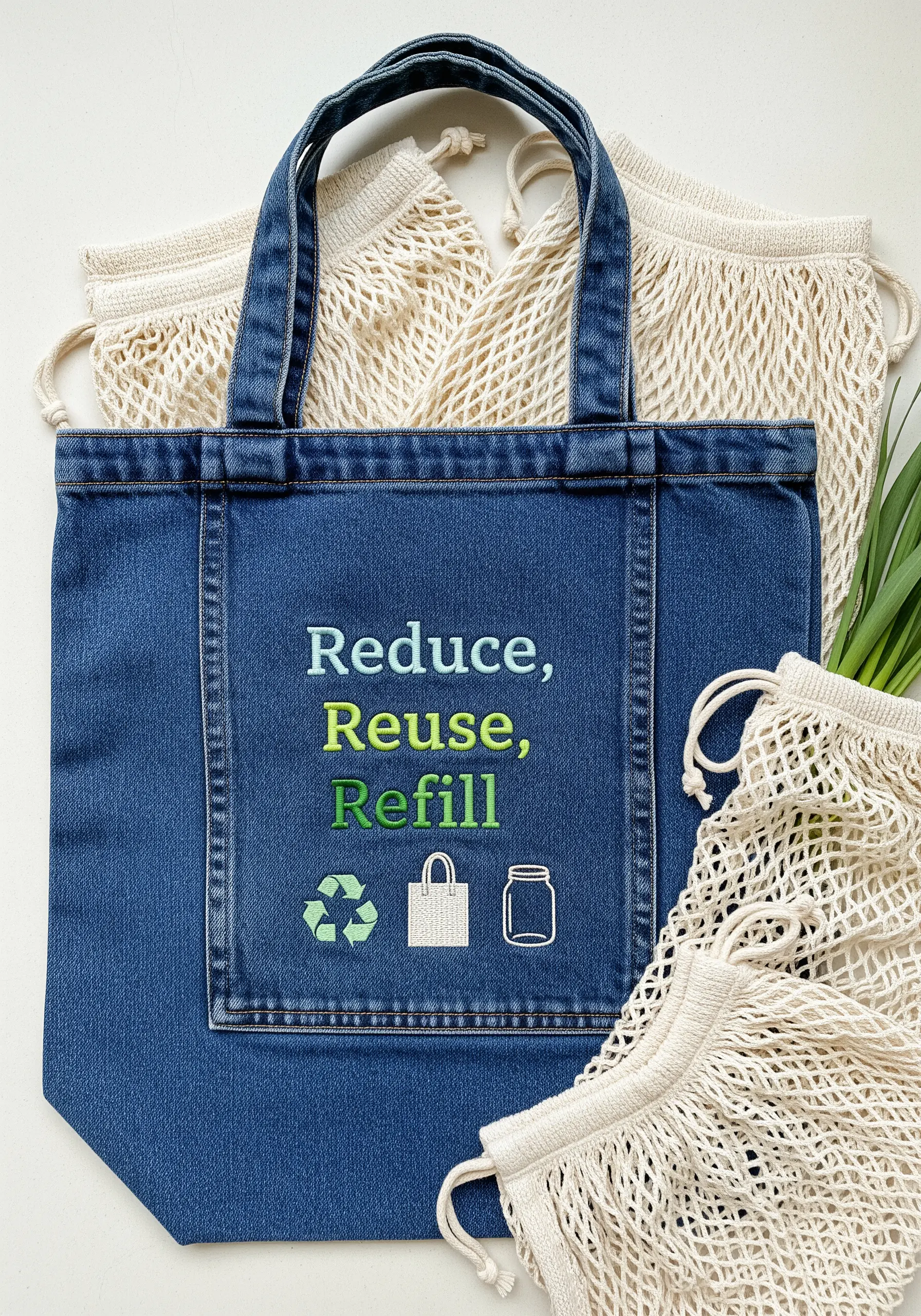 Denim tote bag with an embroidered pocket featuring the words 'Reduce, Reuse, Refill'.
