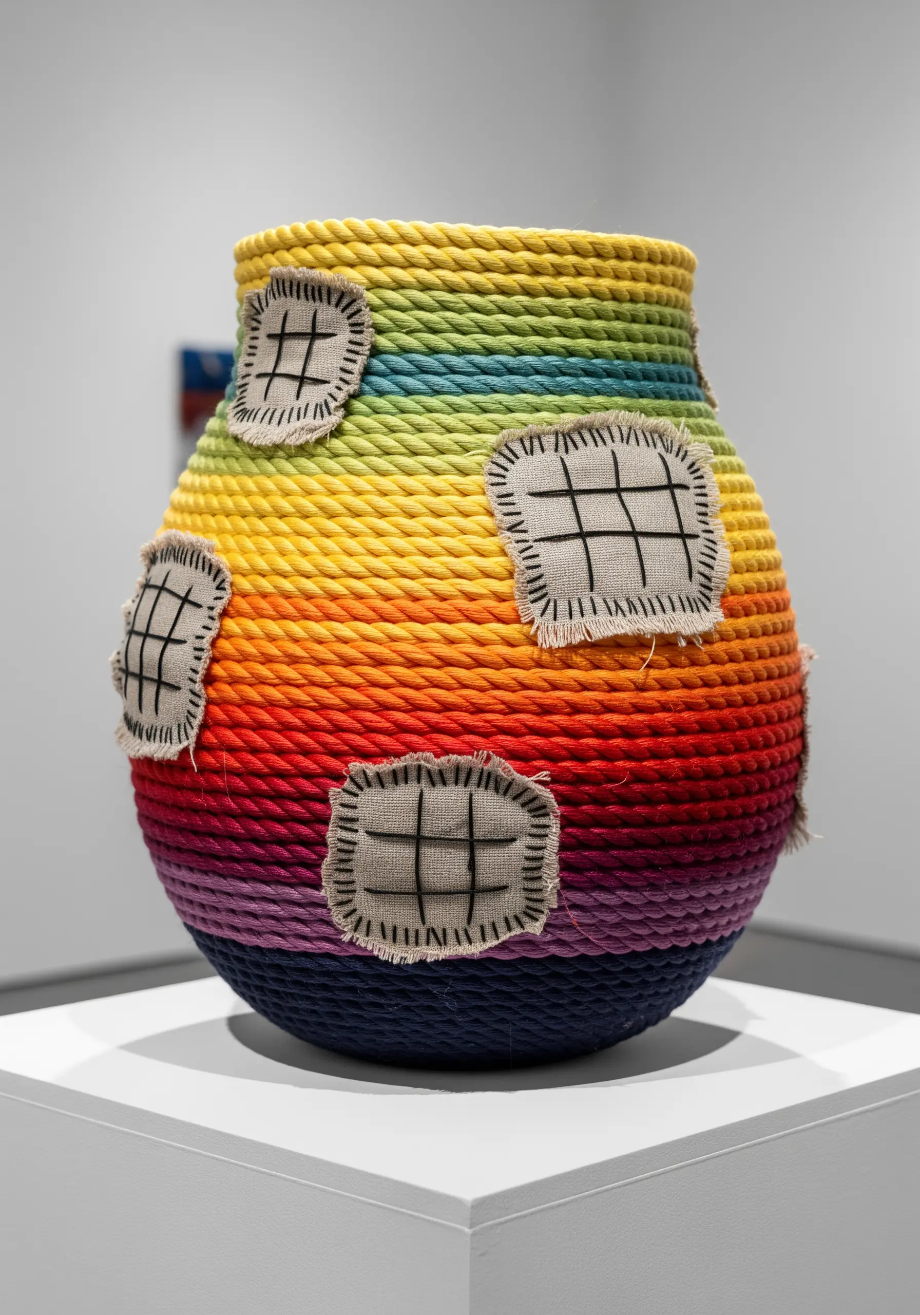 Rainbow coiled rope vase with stitched burlap patches that look like windows.