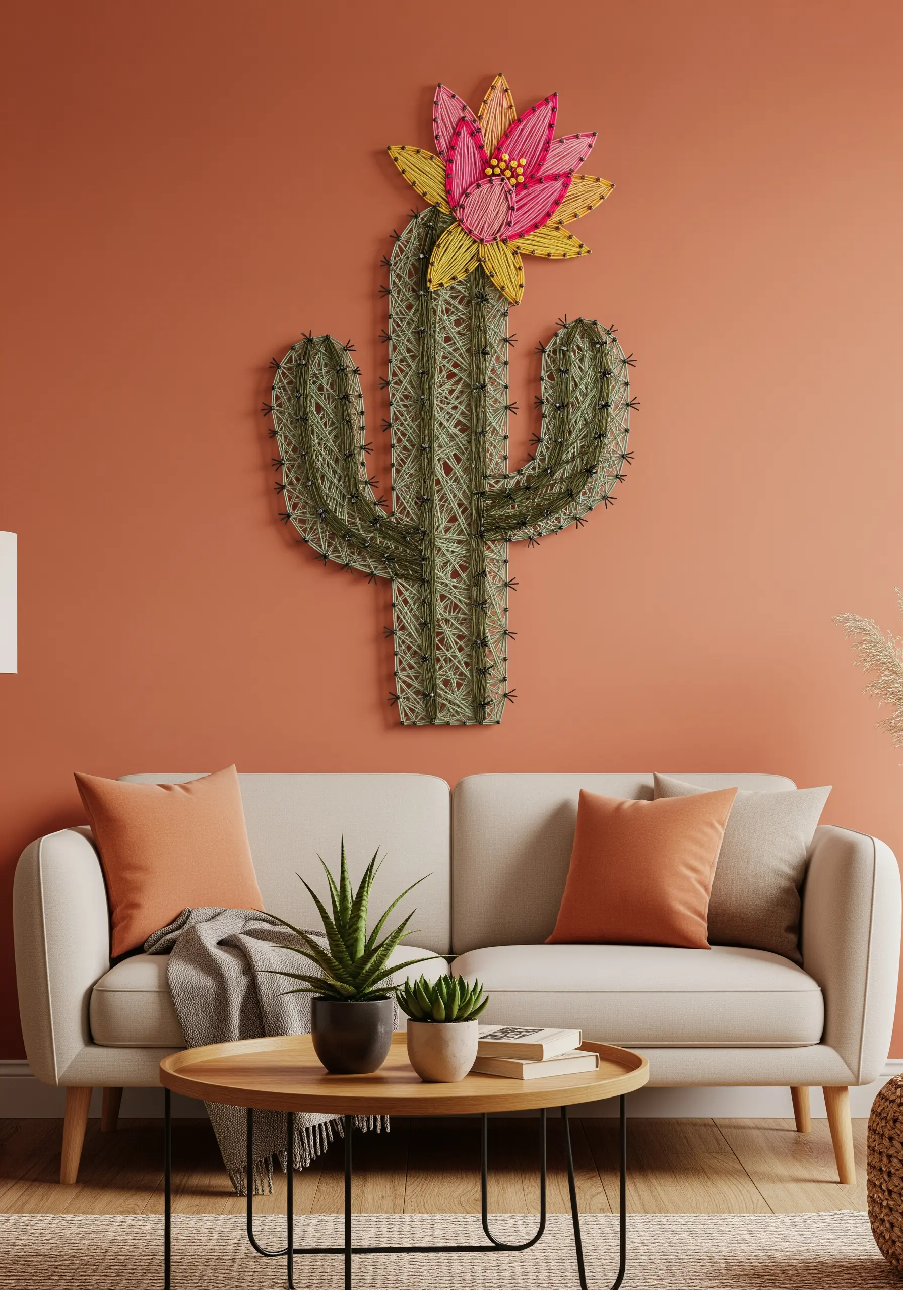 A stylized string art cactus with a bright pink and yellow flower on a terracotta wall.
